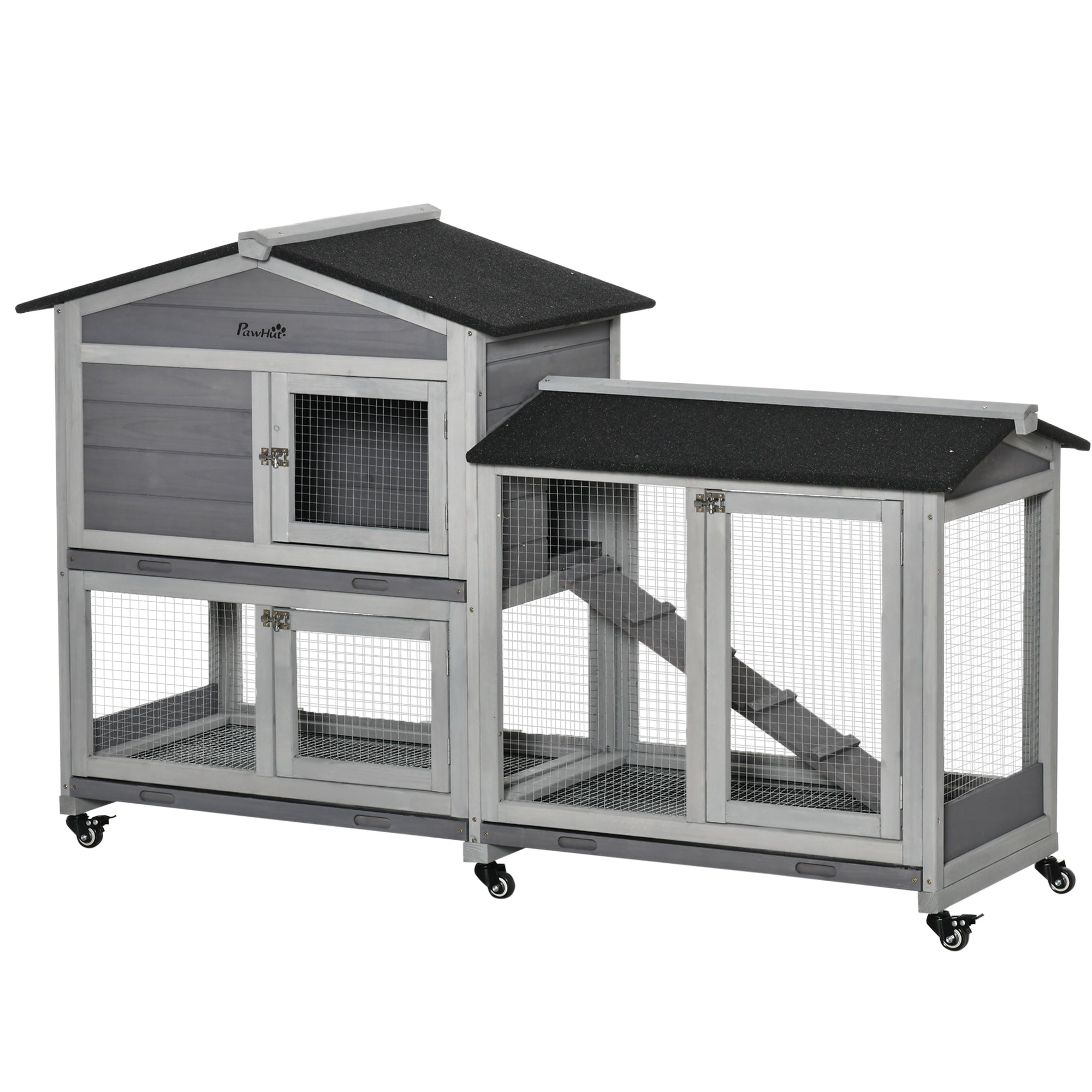 62" Wooden Rabbit Hutch, Bunny Cage with Wheels, Run Box, Tray, Ramp for Small Animals, Guinea Pig, Indoor Outdoor Use, Light Grey