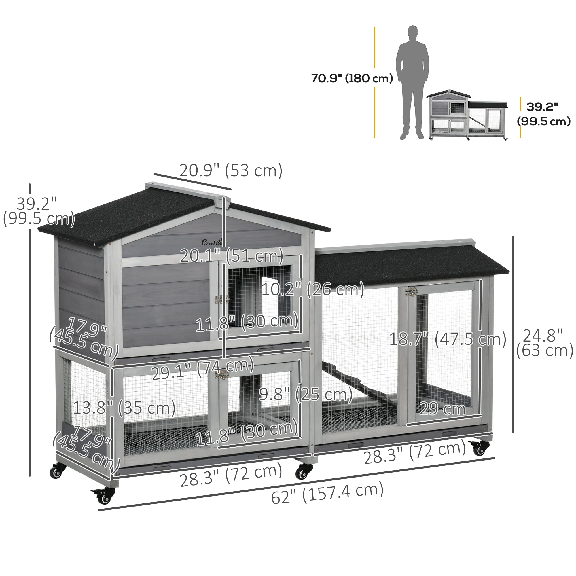 62" Wooden Rabbit Hutch, Bunny Cage with Wheels, Run Box, Tray, Ramp for Small Animals, Guinea Pig, Indoor Outdoor Use, Light Grey