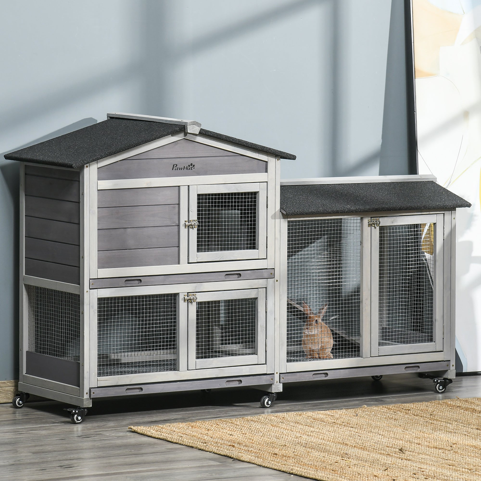 62" Wooden Rabbit Hutch, Bunny Cage with Wheels, Run Box, Tray, Ramp for Small Animals, Guinea Pig, Indoor Outdoor Use, Light Grey