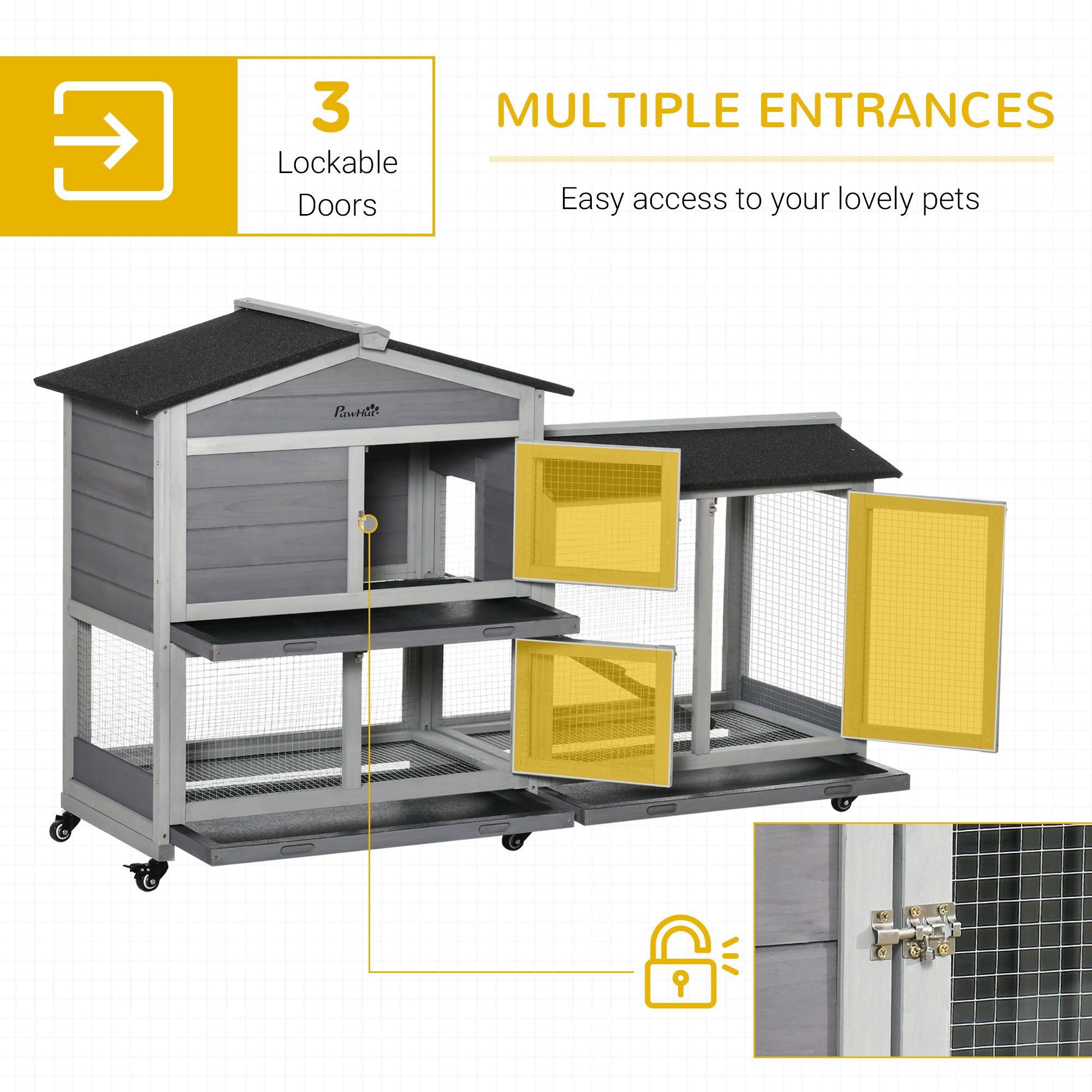 62" Wooden Rabbit Hutch, Bunny Cage with Wheels, Run Box, Tray, Ramp for Small Animals, Guinea Pig, Indoor Outdoor Use, Light Grey