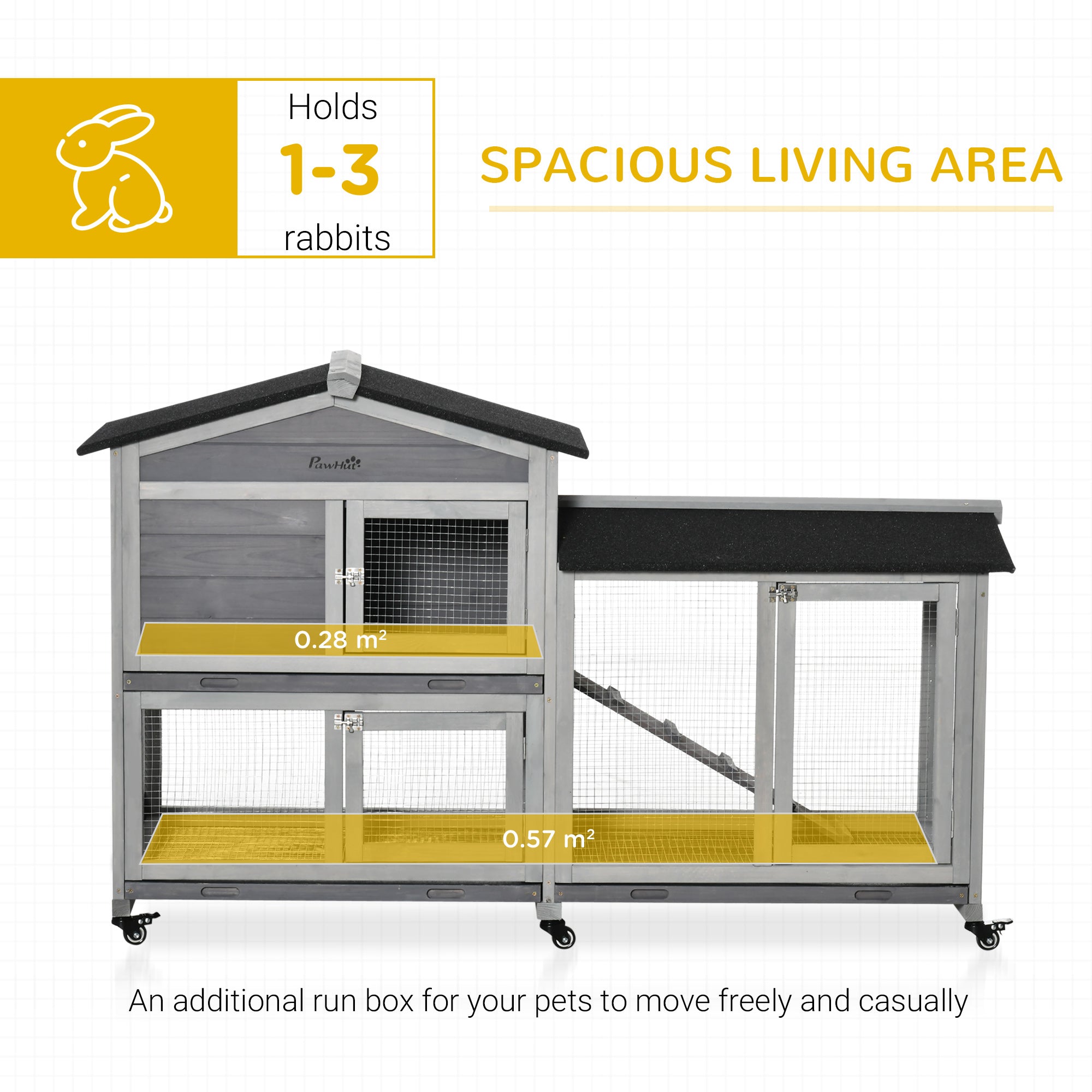 PawHut 62" Rabbit Hutch, Wooden Bunny Hutch, Guinea Pig Cage, Small Animal Enclosure with Wheels, Run Area, Removable Tray, Asphalt Roof, Lockable Doors and Ramp, Gray