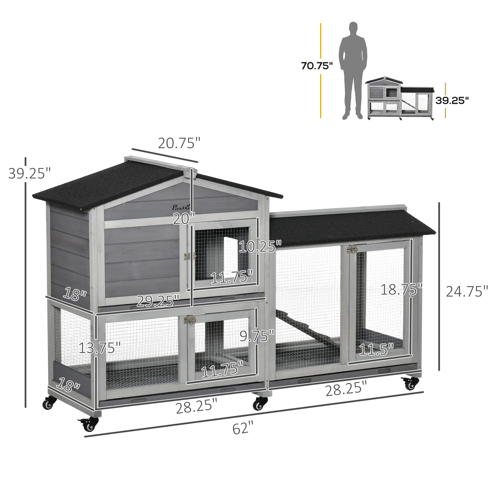 PawHut 62" Rabbit Hutch, Wooden Bunny Hutch, Guinea Pig Cage, Small Animal Enclosure with Wheels, Run Area, Removable Tray, Asphalt Roof, Lockable Doors and Ramp, Gray