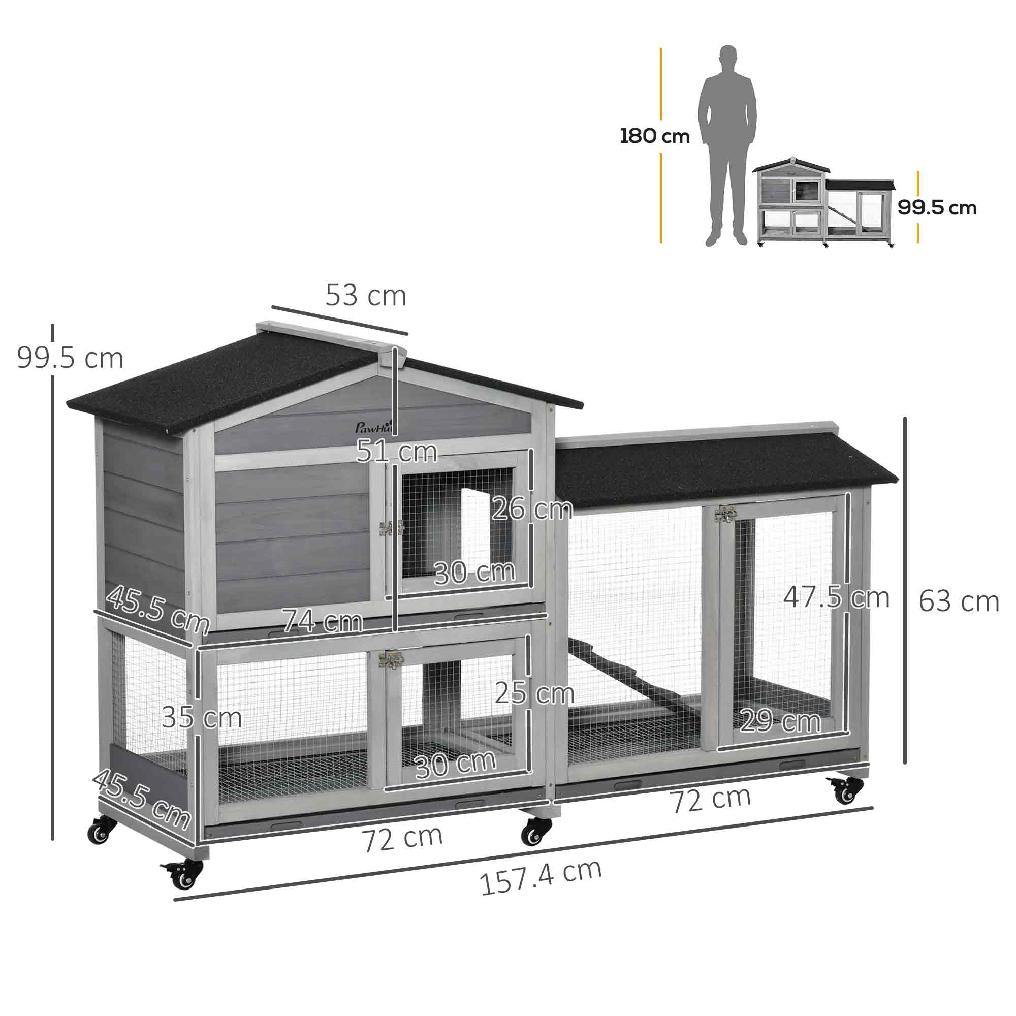 Rabbit Hutch Outdoor with Run Guinea Pig Hutch 2-Tier Bunny Cage w/ Wheels No-Leak Plastic Tray 157.4 x 53 x 99.5 cm - Grey