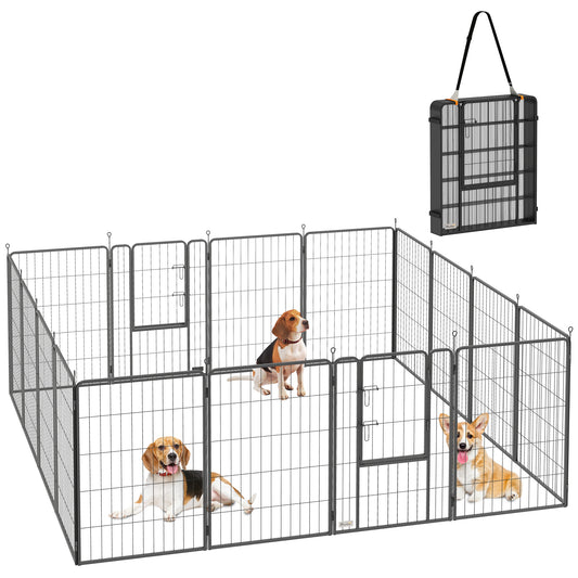 16 Panels Dog Playpen, 27"W x 31.5"H Heavy Duty Pet Fence with Door & Strap for Indoor Outdoor Backyard Garden, Portable & Foldable Puppy Pet Pen for Medium Dogs