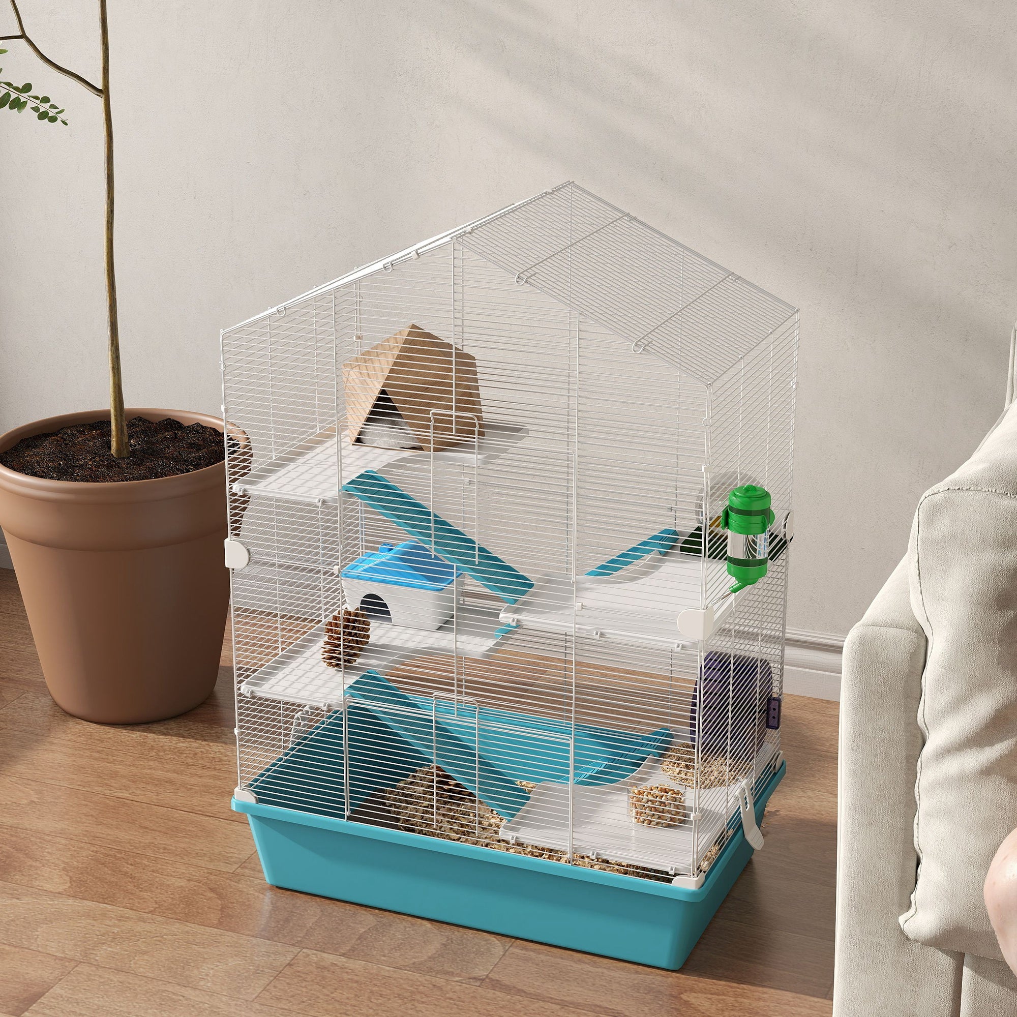 Large Hamster Cage, 5-Tier Small Animal House and Habitats for Gerbil Mice with Platforms, Food Bowl, Water Bottle, Hideout, Ramps & Exercise Wheel, Light Blue