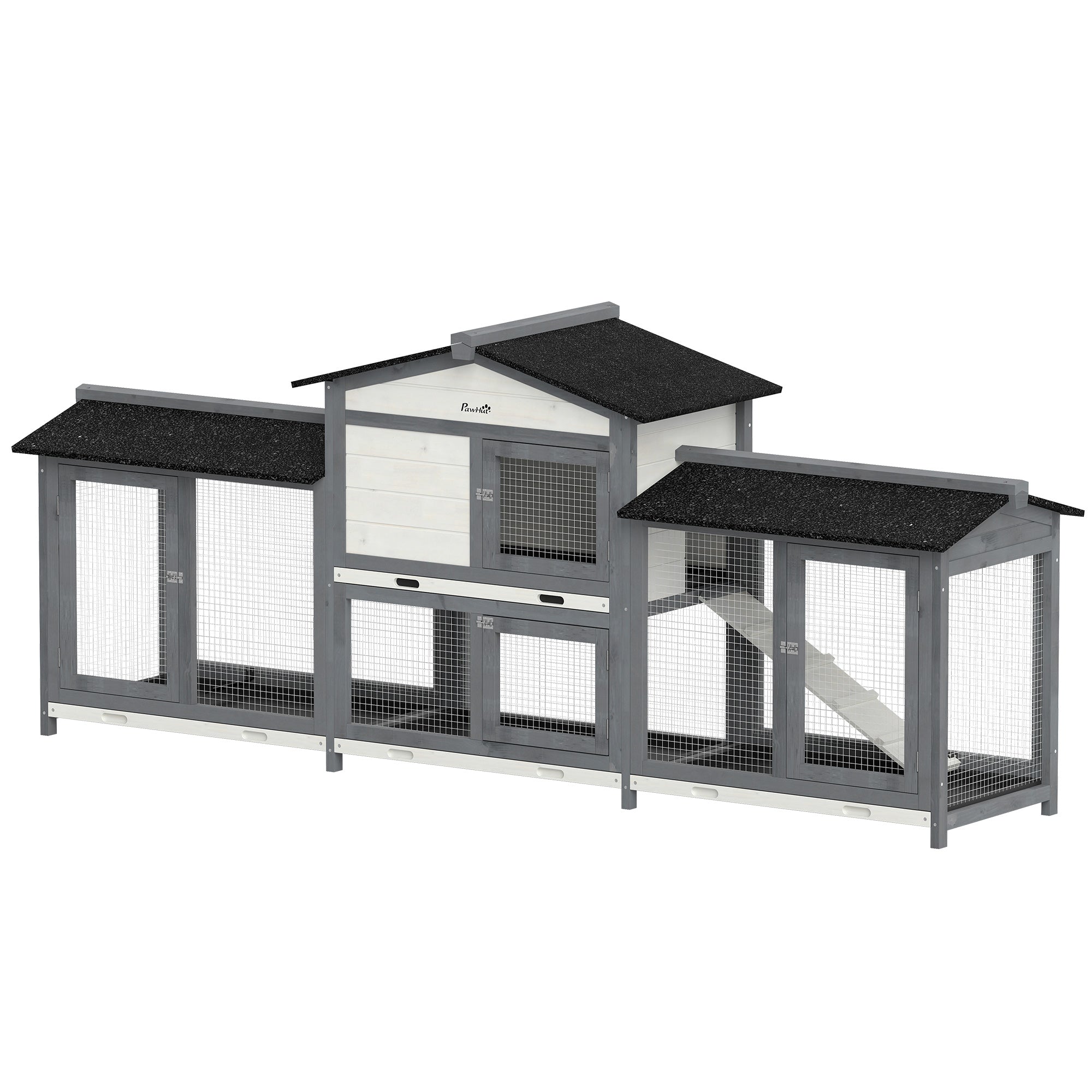 Large Rabbit Hutch, 2-Tier Wooden Guinea Pig Hutch with Double Side Run Boxes, Outdoor Bunny Cage Hide House with Waterproof Roof, Sliding Tray, Ramp, 230 x 53 x 93.5cm, Light Grey