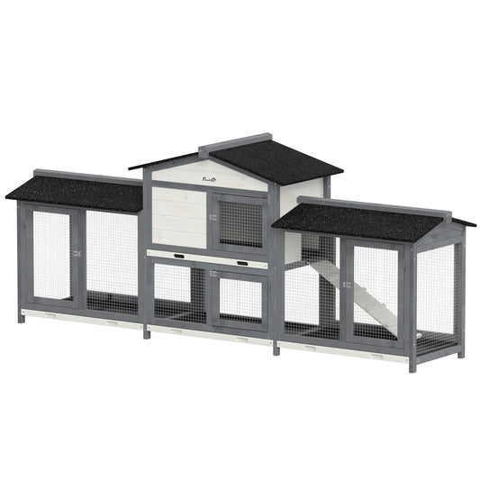 Large Rabbit Hutch, 2-Tier Wooden Guinea Pig Hutch with Double Side Run Boxes, Outdoor Bunny Cage Hide House with Waterproof Roof, Sliding Tray, Ramp, 230 x 53 x 93.5cm, Light Grey