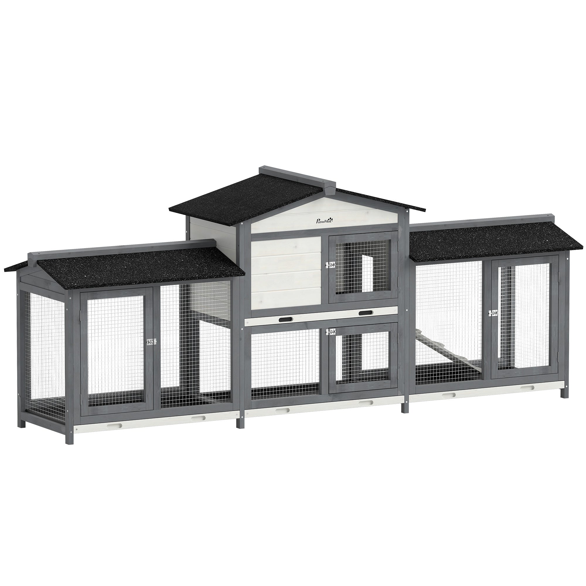 Large Rabbit Hutch, 2-Tier Wooden Guinea Pig Hutch with Double Side Run Boxes, Outdoor Bunny Cage Hide House with Waterproof Roof, Sliding Tray, Ramp, 230 x 53 x 93.5cm, Light Grey