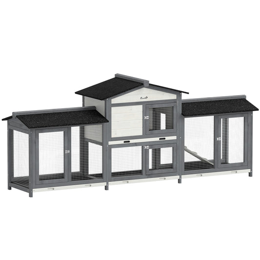 Large Rabbit Hutch, 2-Tier Wooden Guinea Pig Hutch with Double Side Run Boxes, Outdoor Bunny Cage Hide House with Waterproof Roof, Sliding Tray, Ramp, 230 x 53 x 93.5cm, Light Grey