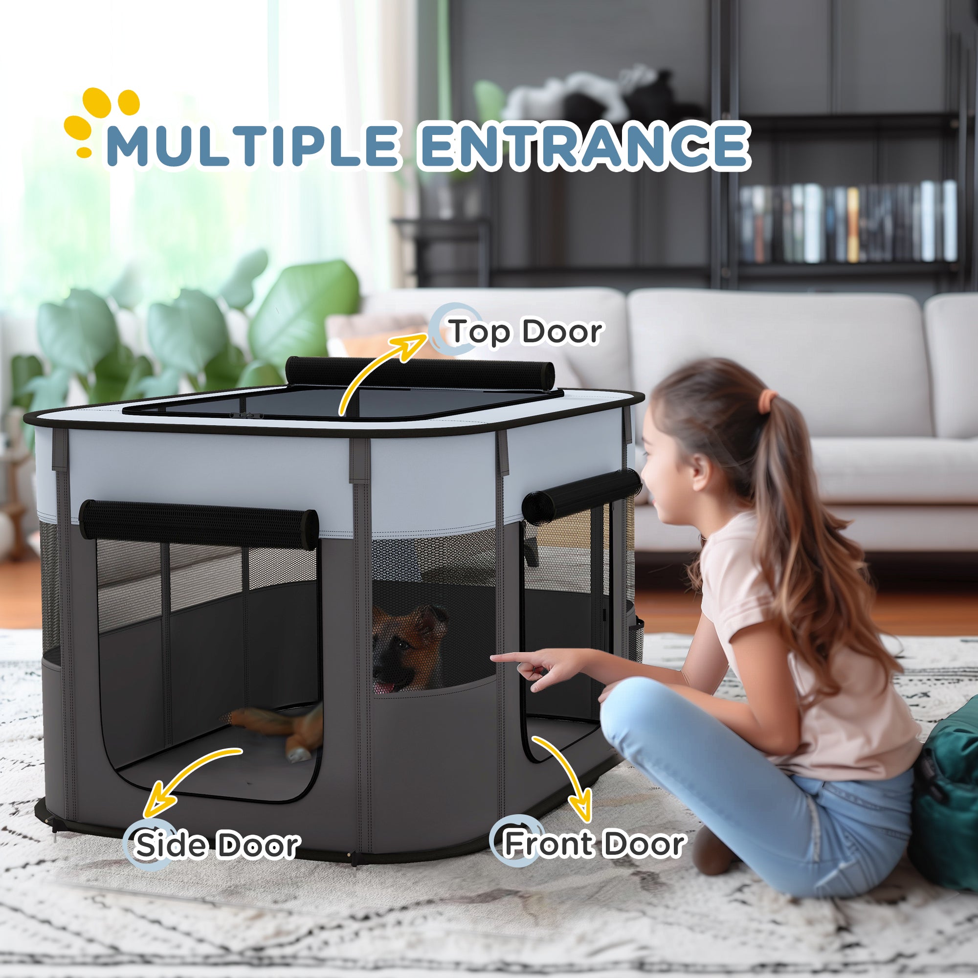 Dog Pen, Pet Playpen, Portable Foldable Dog Cat Playpen Soft Pet Cage with Storage Bag for Puppies, Rabbits, Kittens, Guinea Pigs, 94 x 74 x 60cm - Grey