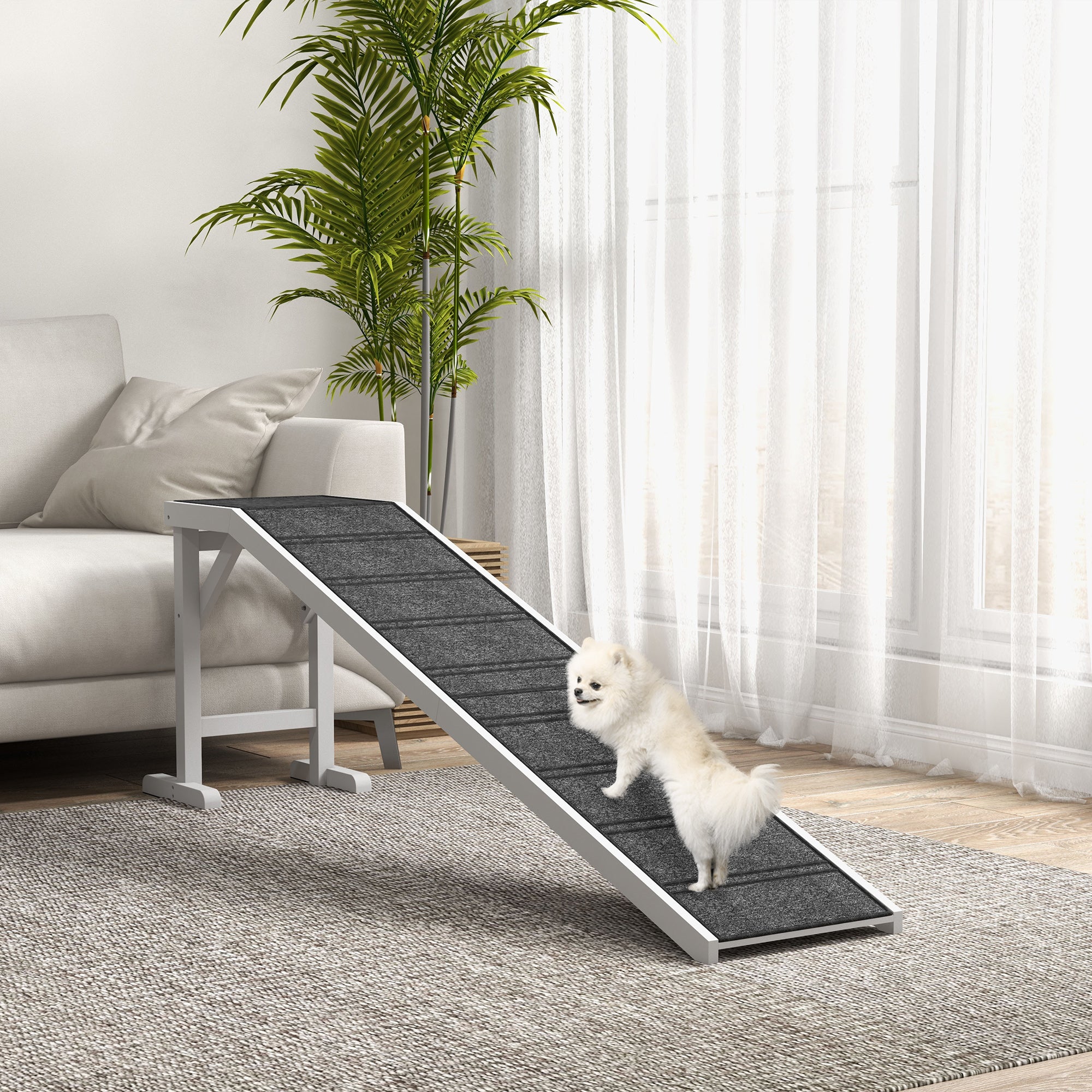 Pet Ramp Bed Steps for Dogs Cats Non-slip Carpet Top Platform Pine Wood 74"L x 16"W x 25"H White