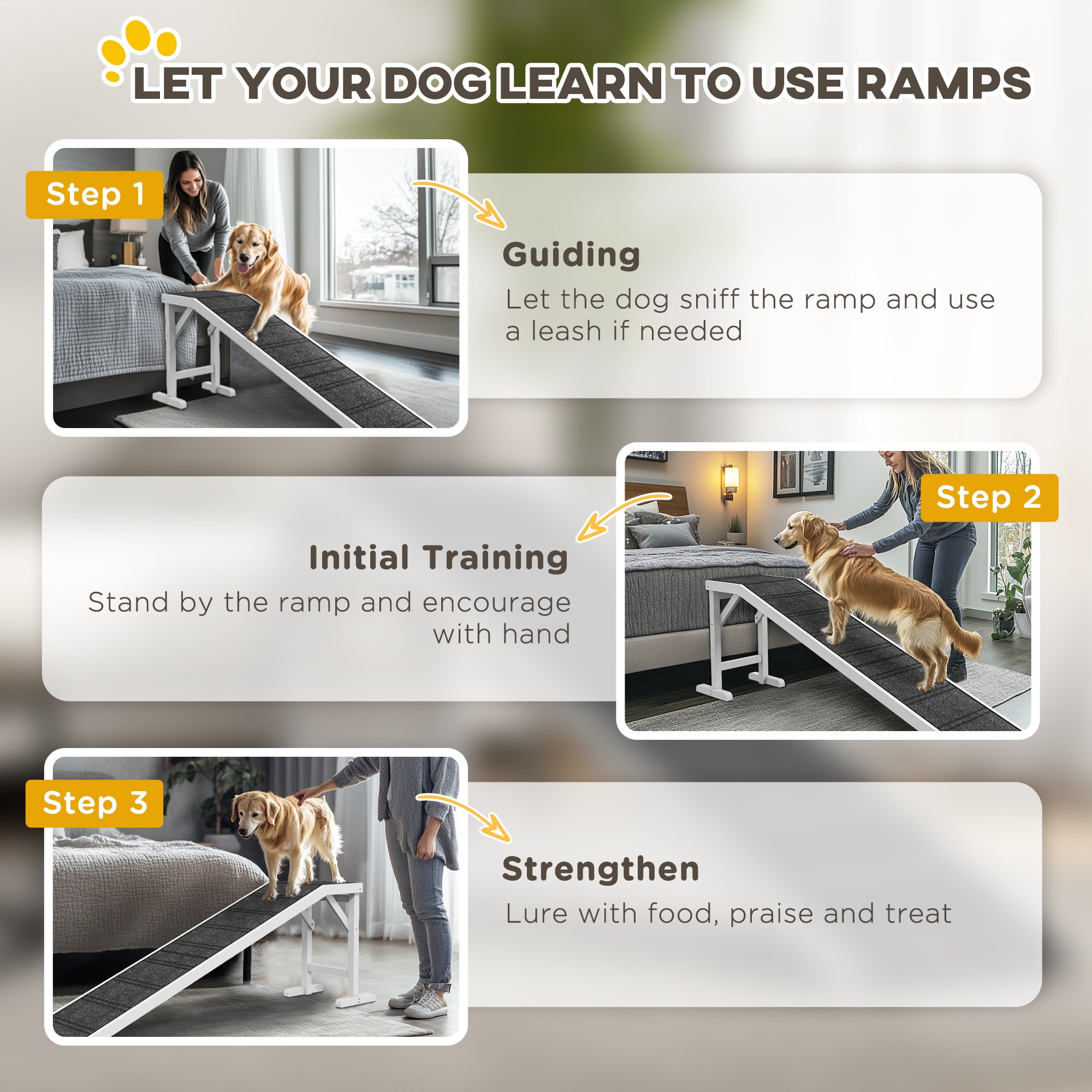 Pet Ramp Bed Steps for Dogs Cats Non-slip Carpet Top Platform Pine Wood 74"L x 16"W x 25"H White