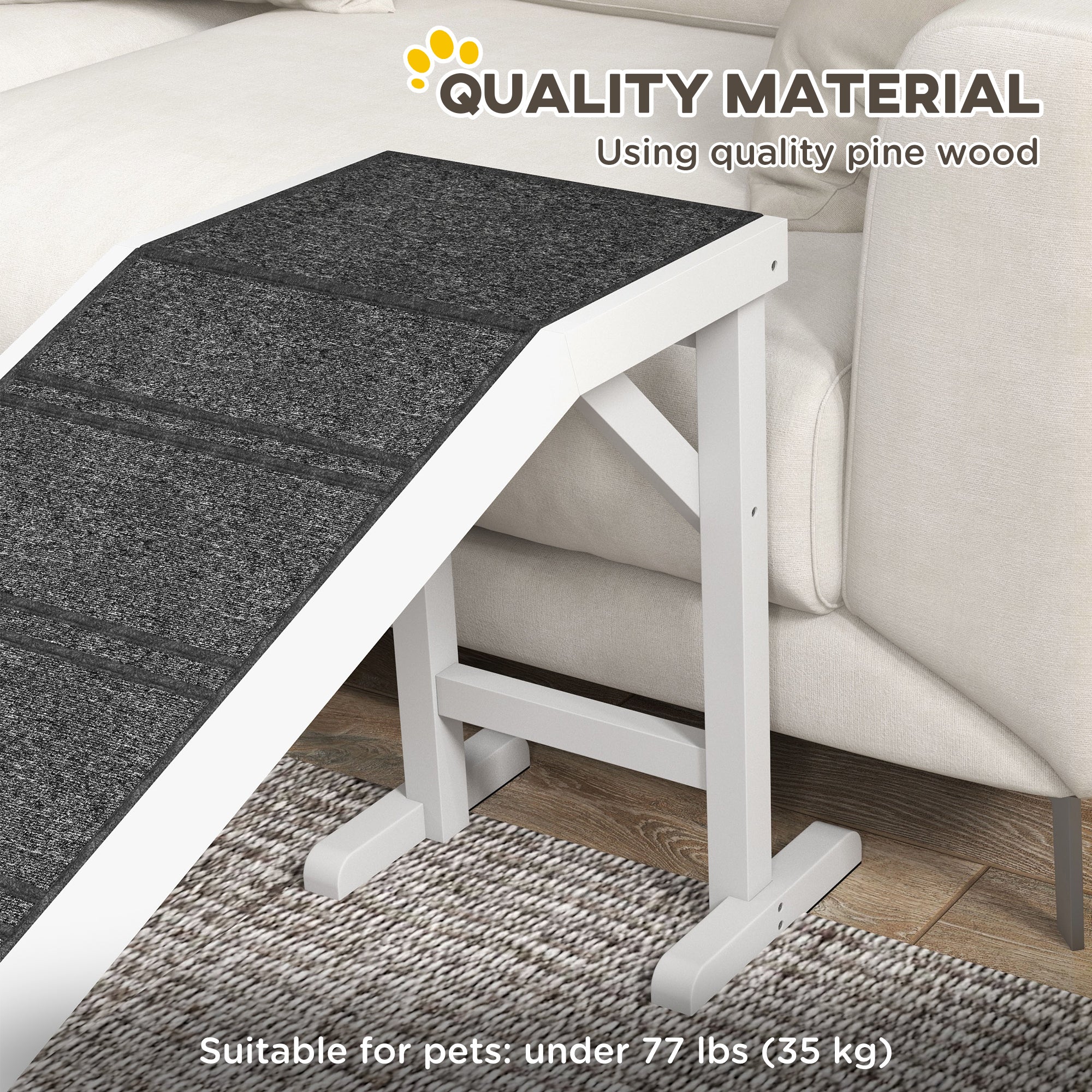 Pet Ramp Bed Steps for Dogs Cats Non-slip Carpet Top Platform Pine Wood 74"L x 16"W x 25"H White