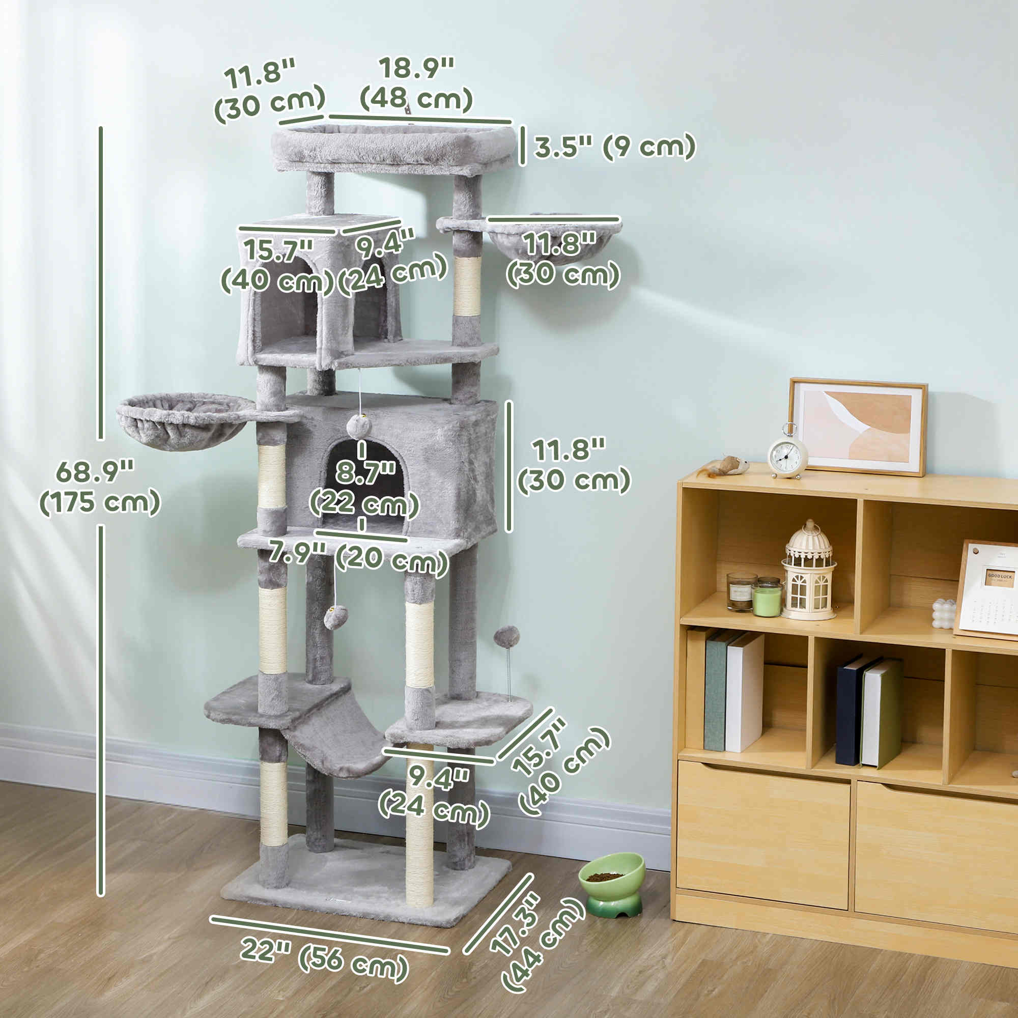 Cat Tree, 69" Cat Tower for Indoor Kittens, Multi-Level Tower with 2 Condos, Scratching Posts, 2 Hammocks, Perches, Pompoms for Multiple Kitties, Light Grey