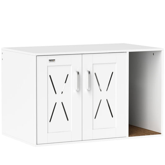 Cat Litter Box Enclosure, Hidden Cat Litter Box Furniture with Scratching Board, Cat House End Table Fit for Most Litter Box and Cats, 31.5" x 19" x 20", White