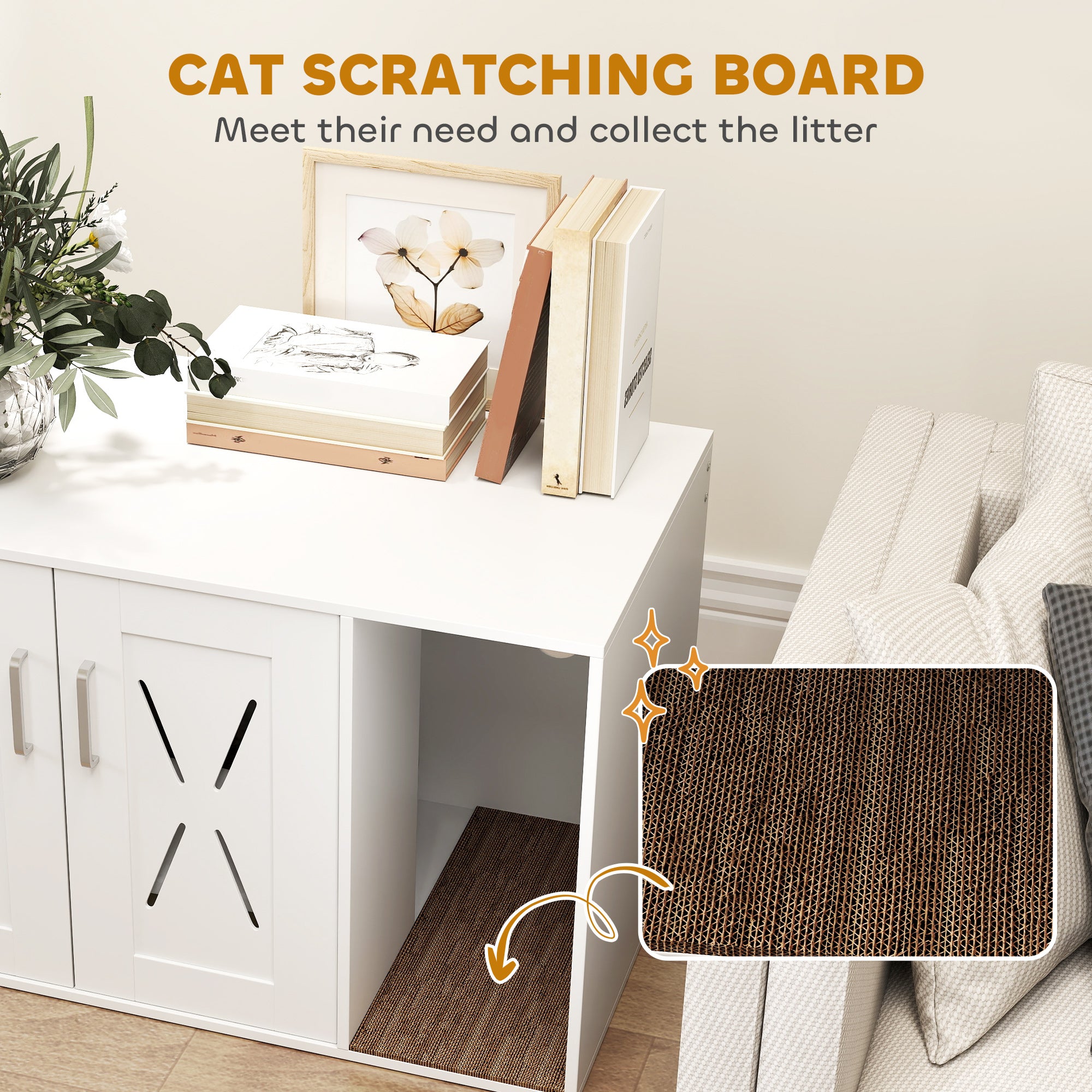 Cat Litter Box Enclosure, Hidden Cat Litter Box Furniture with Scratching Board, Cat House End Table Fit for Most Litter Box and Cats, 31.5" x 19" x 20", White