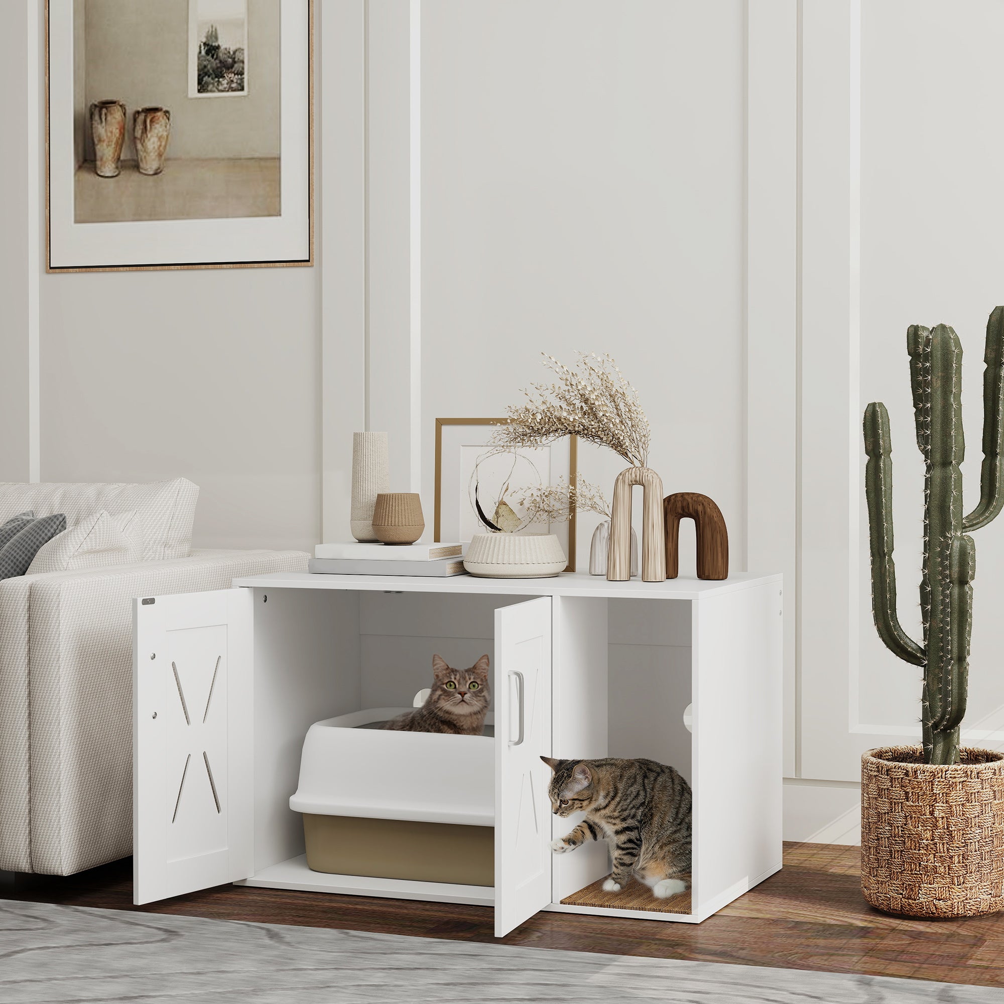 Cat Litter Box Enclosure, Hidden Cat Litter Box Furniture with Scratching Board, Cat House End Table Fit for Most Litter Box and Cats, 31.5" x 19" x 20", White
