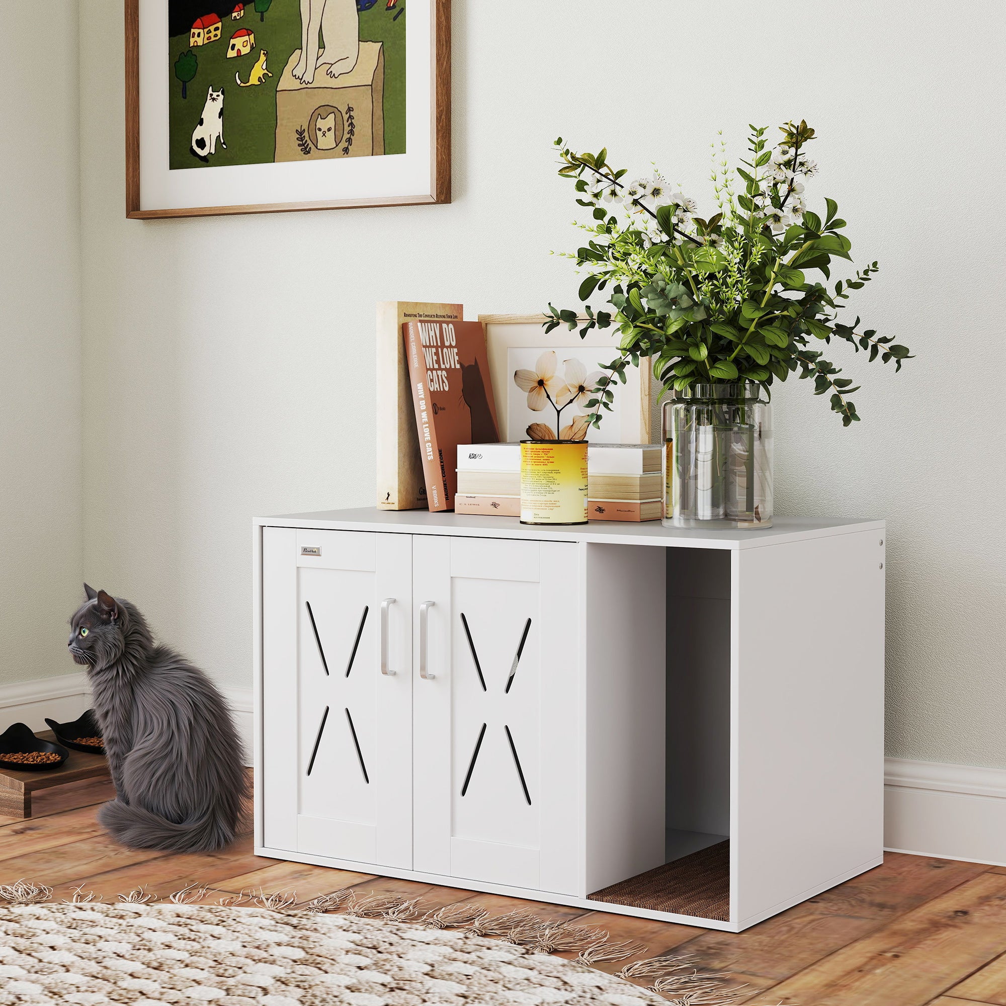 Cat Litter Box Enclosure, Hidden Cat Litter Box Furniture with Scratching Board, Cat House End Table Fit for Most Litter Box and Cats, 31.5" x 19" x 20", White