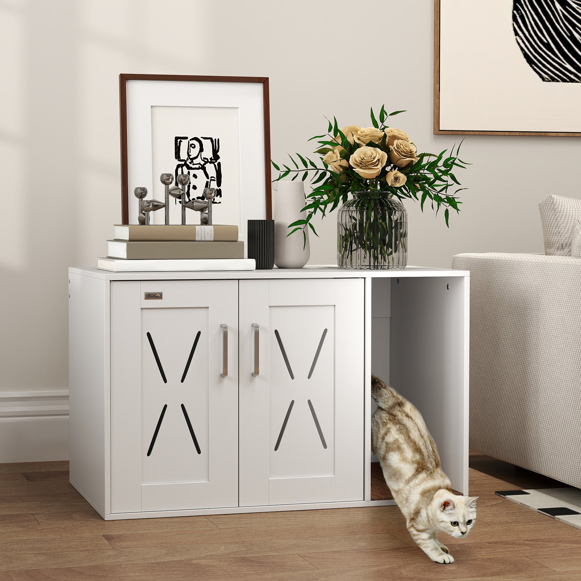 Cat Litter Box Enclosure, Hidden Cat Litter Box Furniture with Scratching Board, Cat House End Table Fit for Most Litter Box and Cats, 31.5" x 19" x 20", White