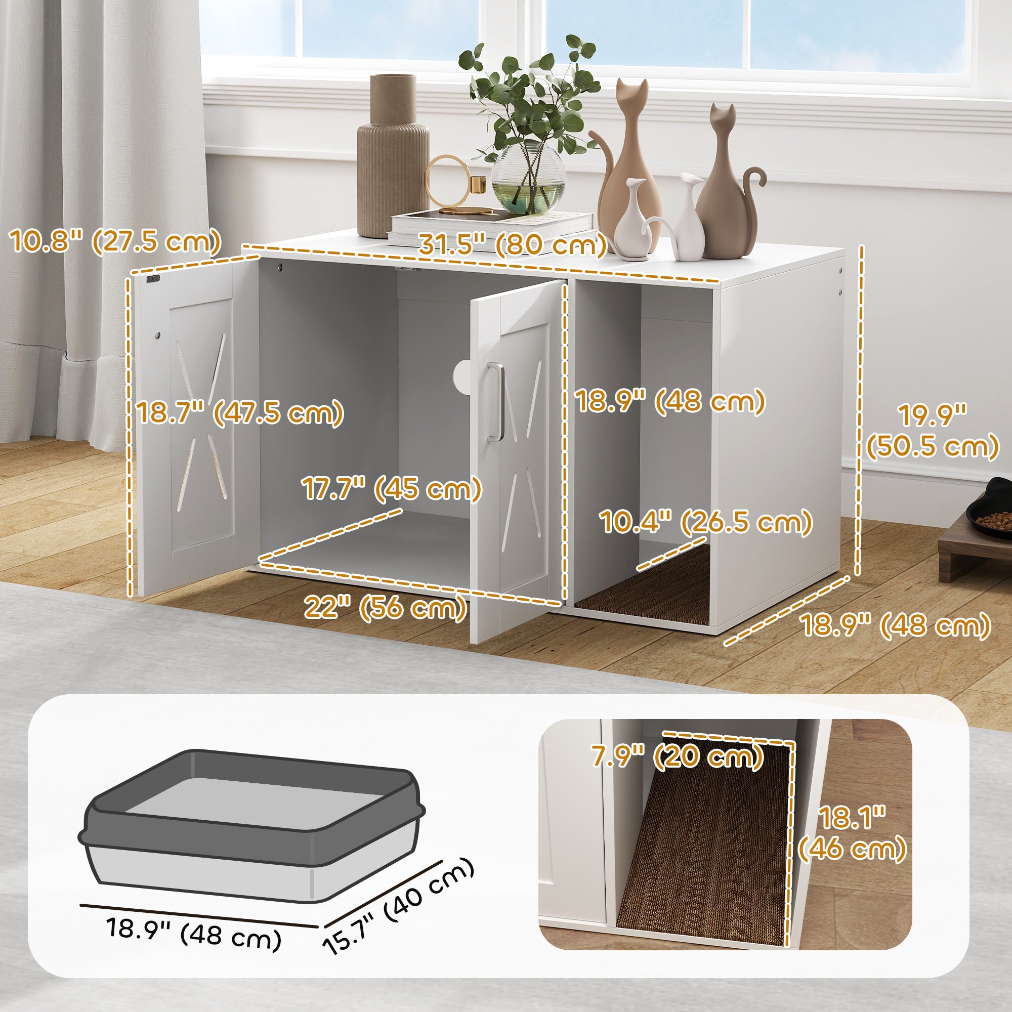 Cat Litter Box Enclosure, Hidden Cat Litter Box Furniture with Scratching Board, Cat House End Table Fit for Most Litter Box and Cats, 31.5" x 19" x 20", White