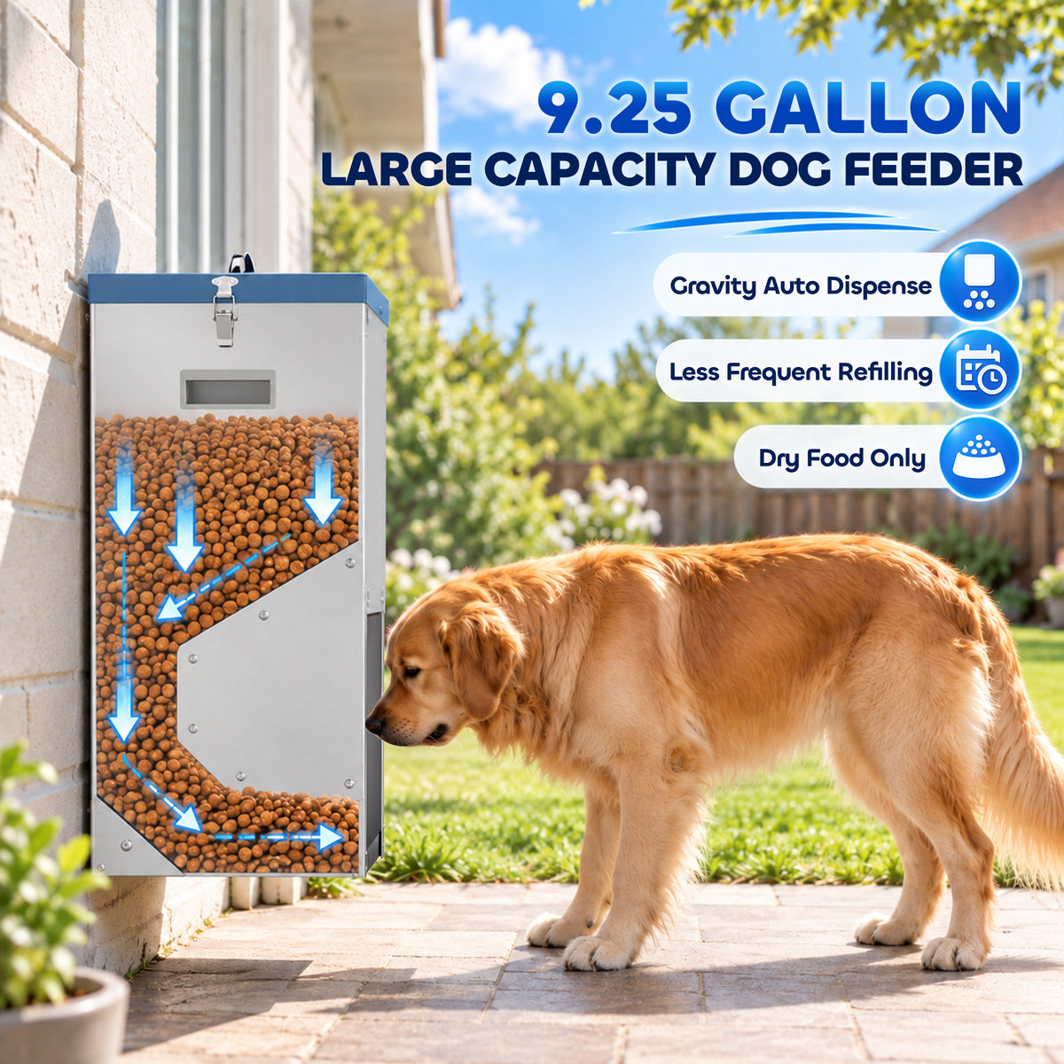 50lbs Automatic Dog Feeder, Galvanized Gravity Pet Feeder with Lockable Clear Door, Indoor and Outdoor Use, Wall Mountable, Portable Handles, Auto Dog Food Dispenser for Large Breeds