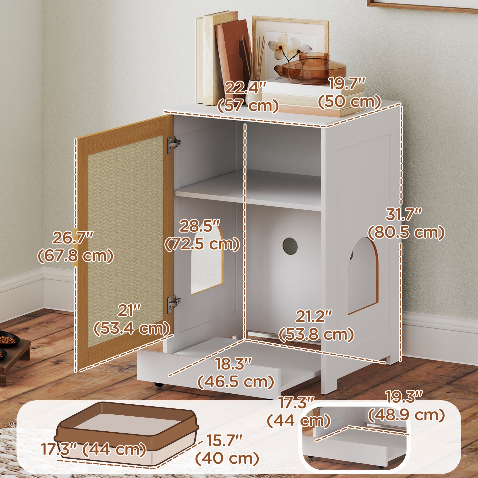 Cat Litter Box Enclosure, Hidden Litter Box Furniture with Pull-Out Tray, Indoor Cat Washroom with Storage Cabinet,  Scratching Mat, Oak