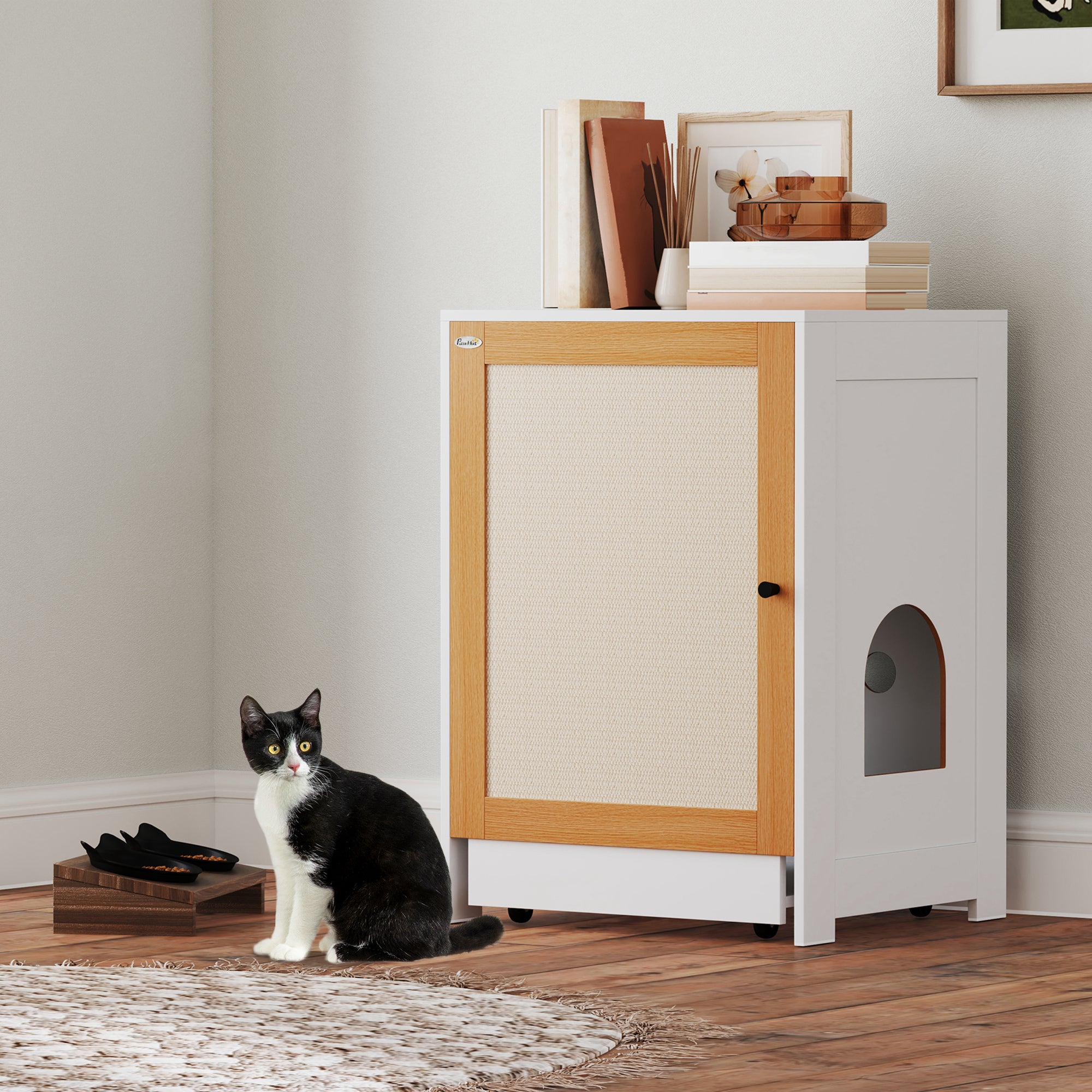 Cat Litter Box Enclosure, Hidden Litter Box Furniture with Pull-Out Tray, Indoor Cat Washroom with Storage Cabinet,  Scratching Mat, Oak
