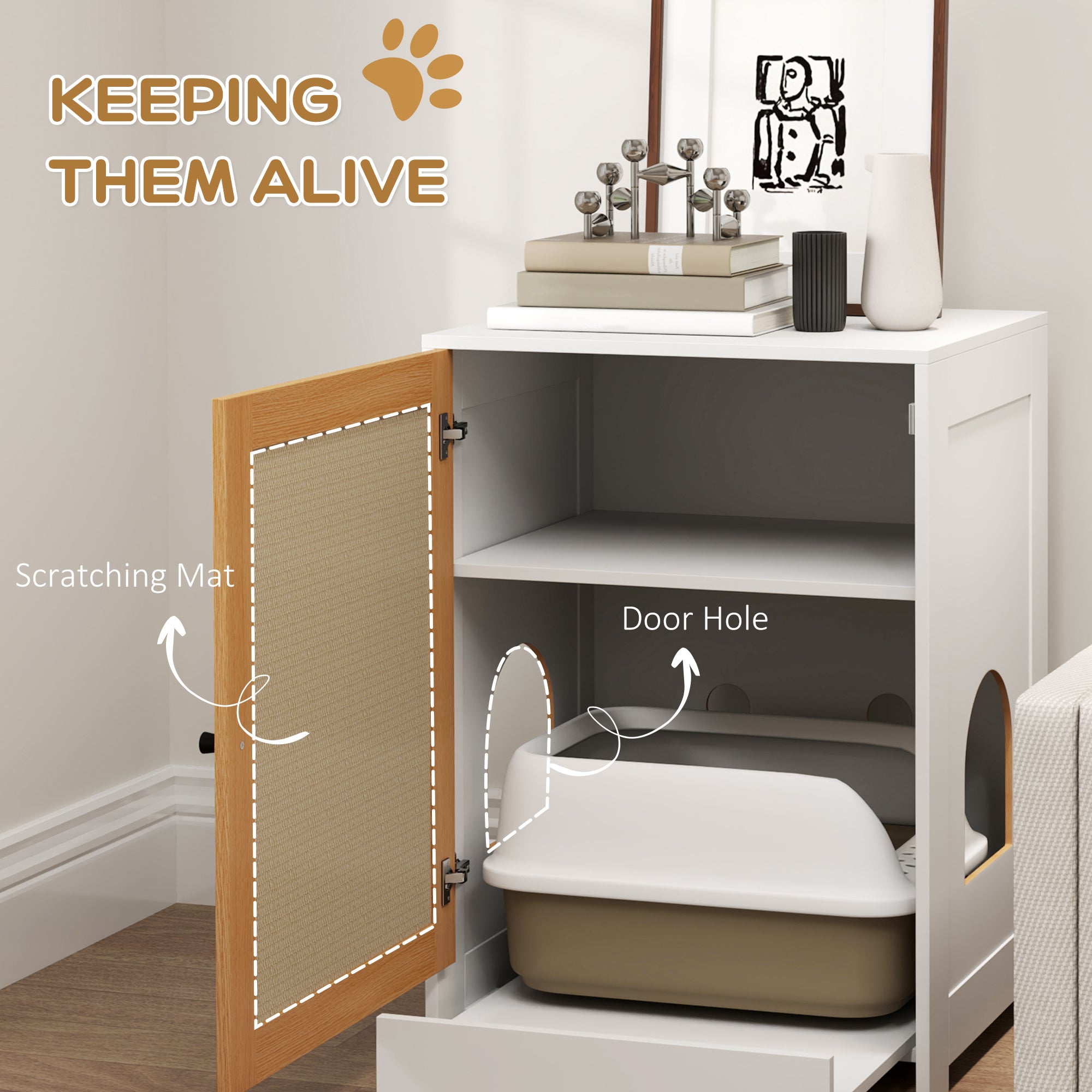 Cat Litter Box Enclosure, Hidden Litter Box Furniture with Pull-Out Tray, Indoor Cat Washroom with Storage Cabinet,  Scratching Mat, Oak