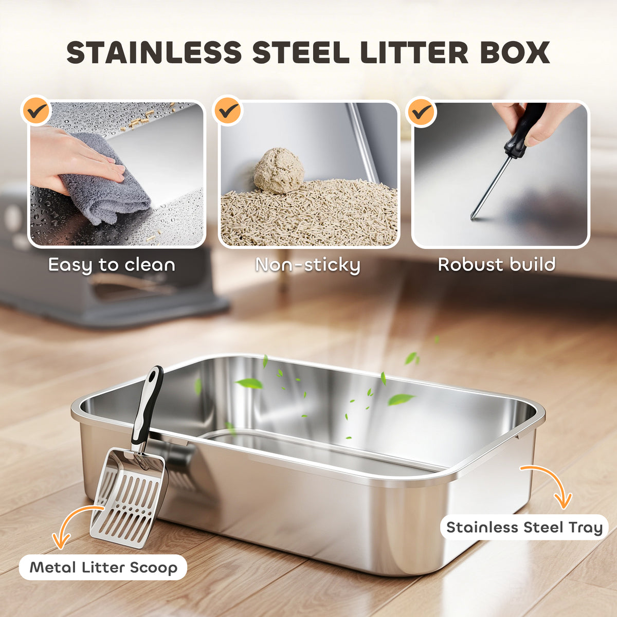 Stainless Steel Cat Litter Box with Flip Lid, XXL Enclosed Litter Box, High Sided, Step, Metal Scoop, 2 Deodorizing Bags, Easy Clean, Anti-Leak, Odor Control, for Multi & Big Cats, 28"x20"x18"