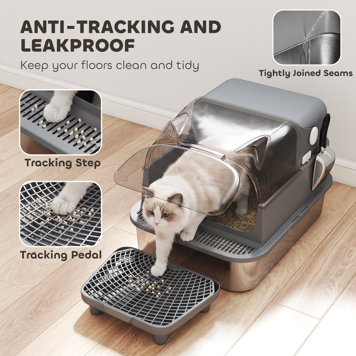Stainless Steel Cat Litter Box with Flip Lid, XXL Enclosed Litter Box, High Sided, Step, Metal Scoop, 2 Deodorizing Bags, Easy Clean, Anti-Leak, Odor Control, for Multi & Big Cats, 28"x20"x18"