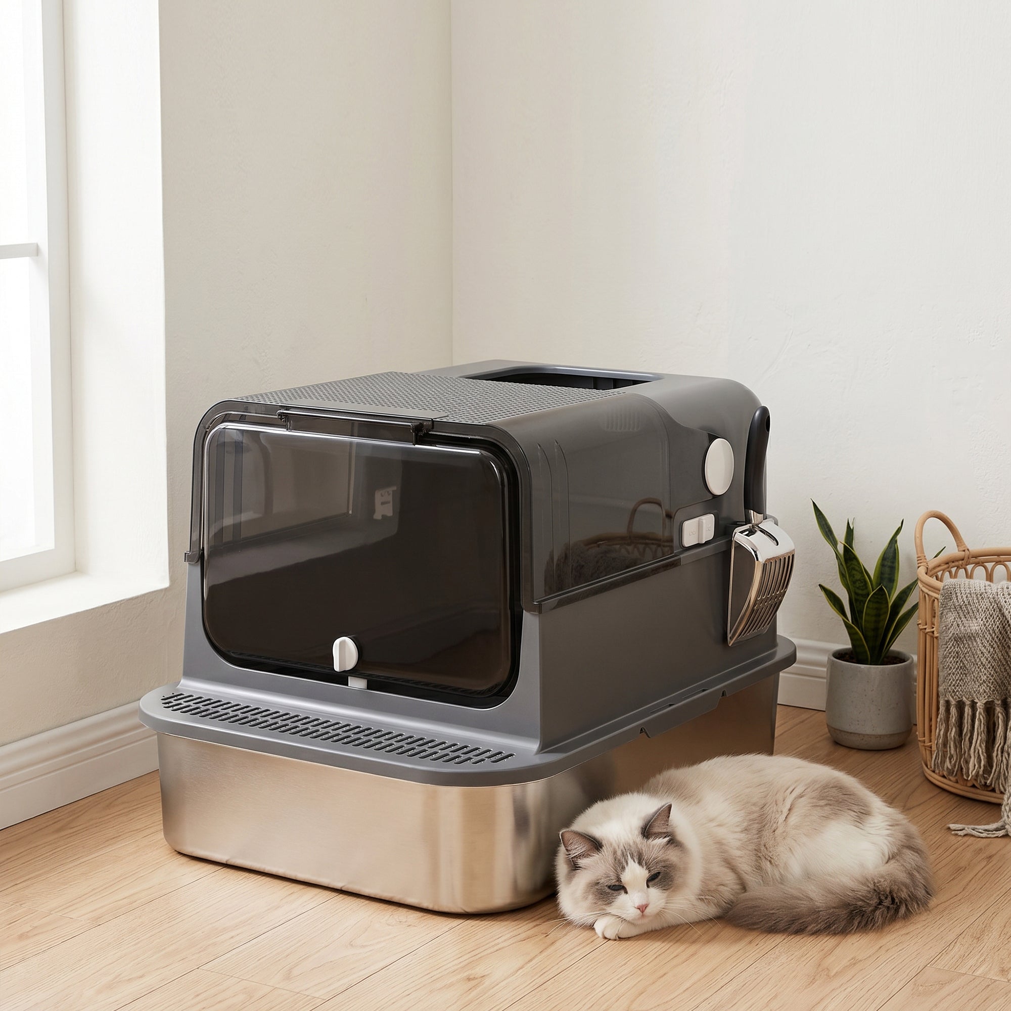 Stainless Steel Cat Litter Box with Lid, XXL Enclosed Cat Litter Box for Big Cats with High Sides, Double Doors, Scoop, Odor Control, Anti-Leaking, Easy Clean, Black