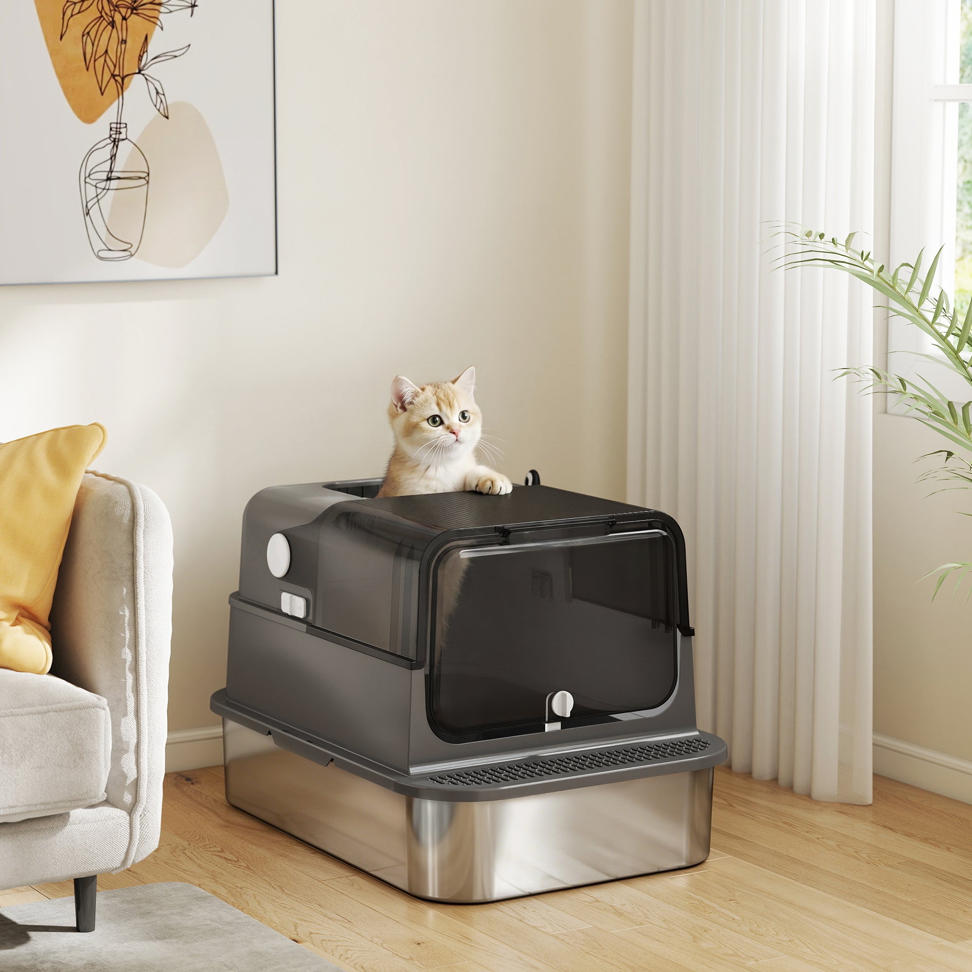Stainless Steel Cat Litter Box with Lid, XXL Enclosed Cat Litter Box for Big Cats with High Sides, Double Doors, Scoop, Odor Control, Anti-Leaking, Easy Clean, Black