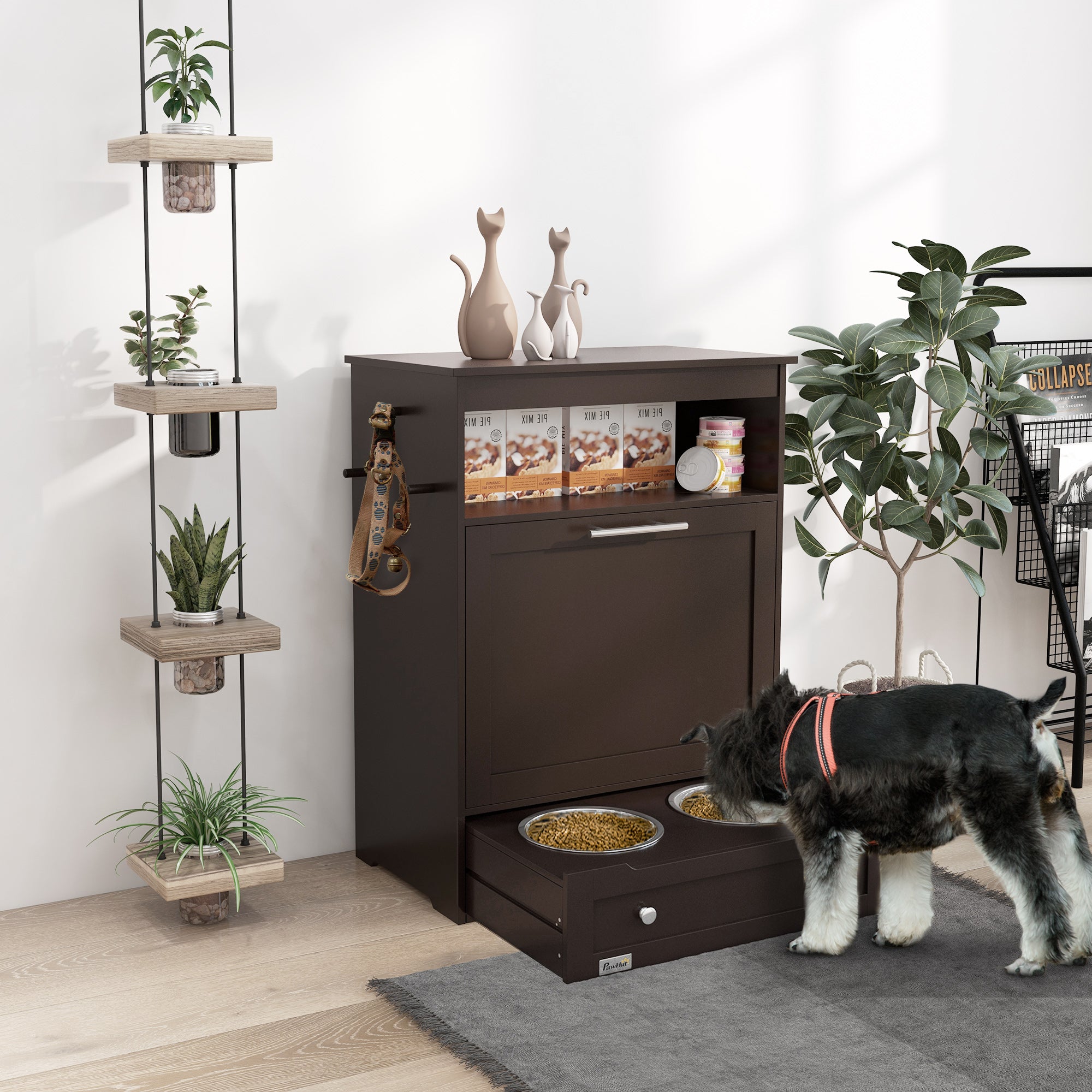 Cat Dog Feeding Station, Dog Food Storage Cabinet, Pet Feeder Container with Raised Bowls and Hanger for Feeding & Watering Supplies, Coffee