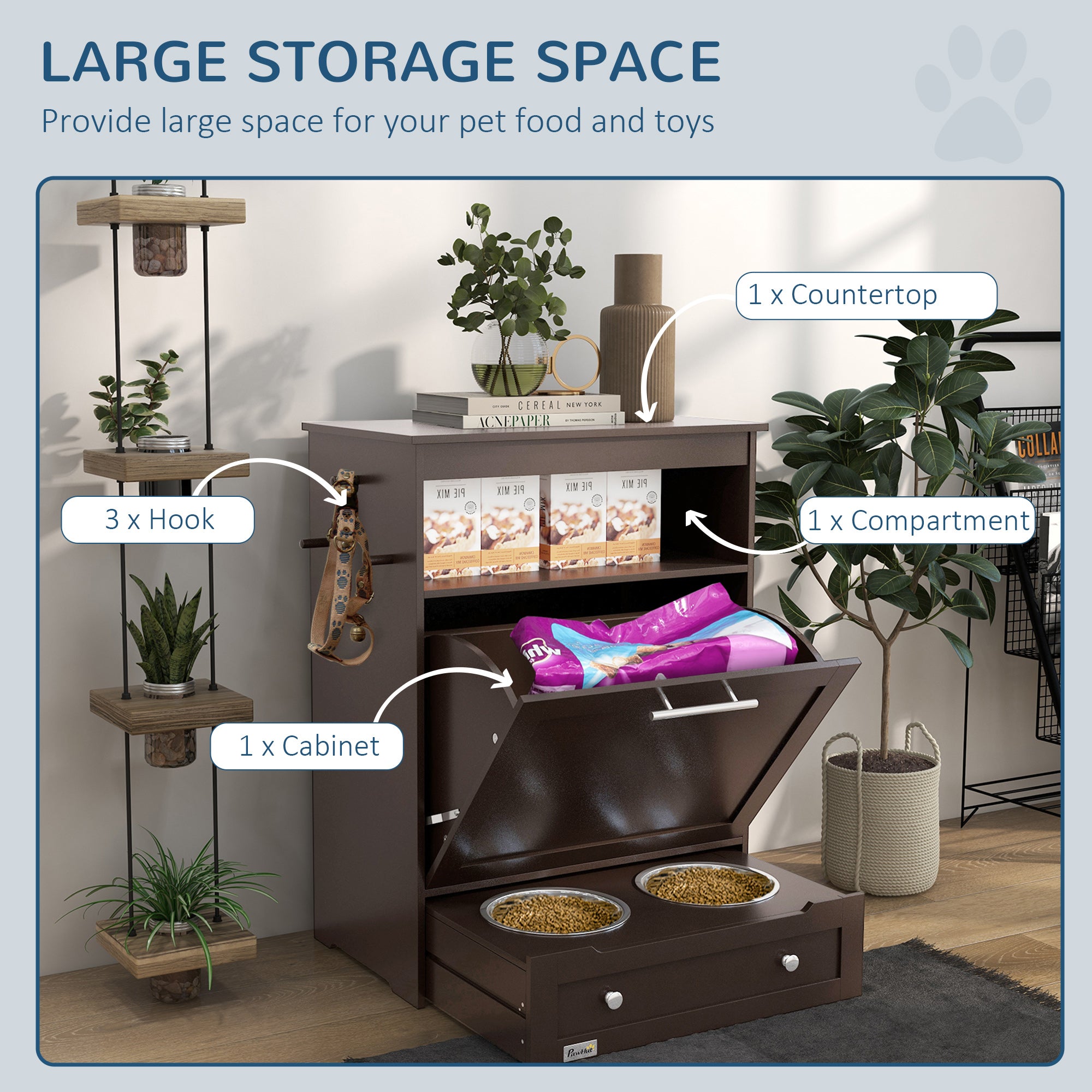 Cat Dog Feeding Station, Dog Food Storage Cabinet, Pet Feeder Container with Raised Bowls and Hanger for Feeding & Watering Supplies, Coffee
