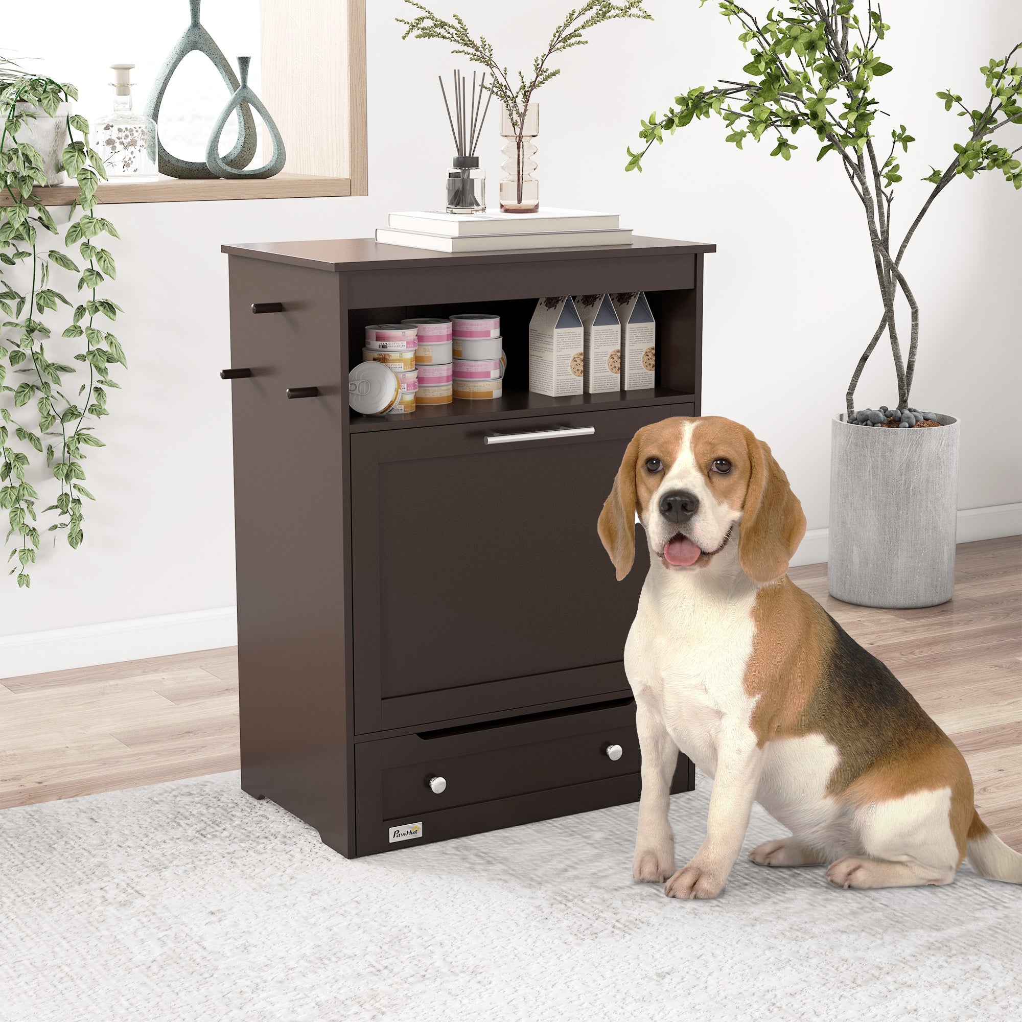 Cat Dog Feeding Station, Dog Food Storage Cabinet, Pet Feeder Container with Raised Bowls and Hanger for Feeding & Watering Supplies, Coffee