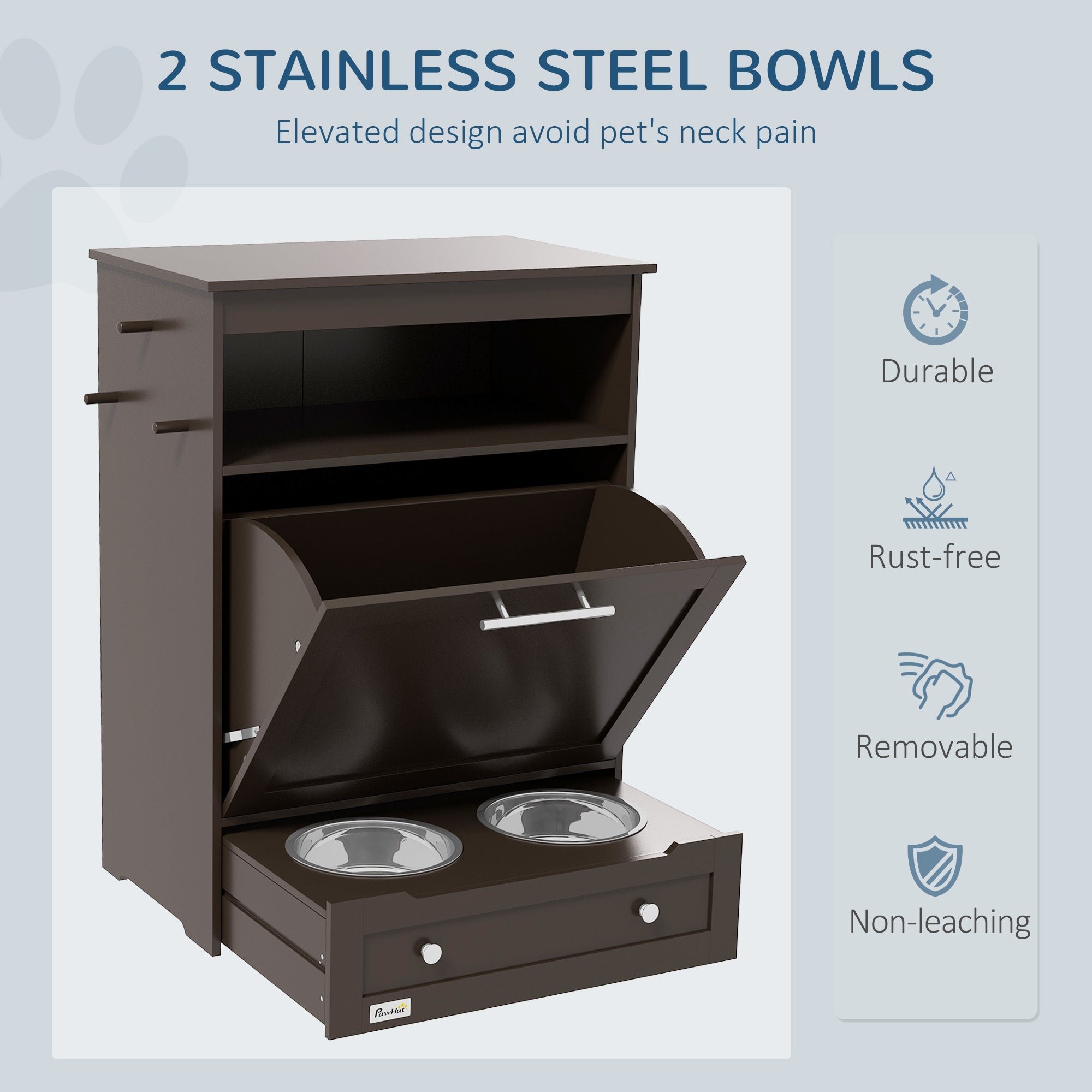 Cat Dog Feeding Station, Dog Food Storage Cabinet, Pet Feeder Container with Raised Bowls and Hanger for Feeding & Watering Supplies, Coffee