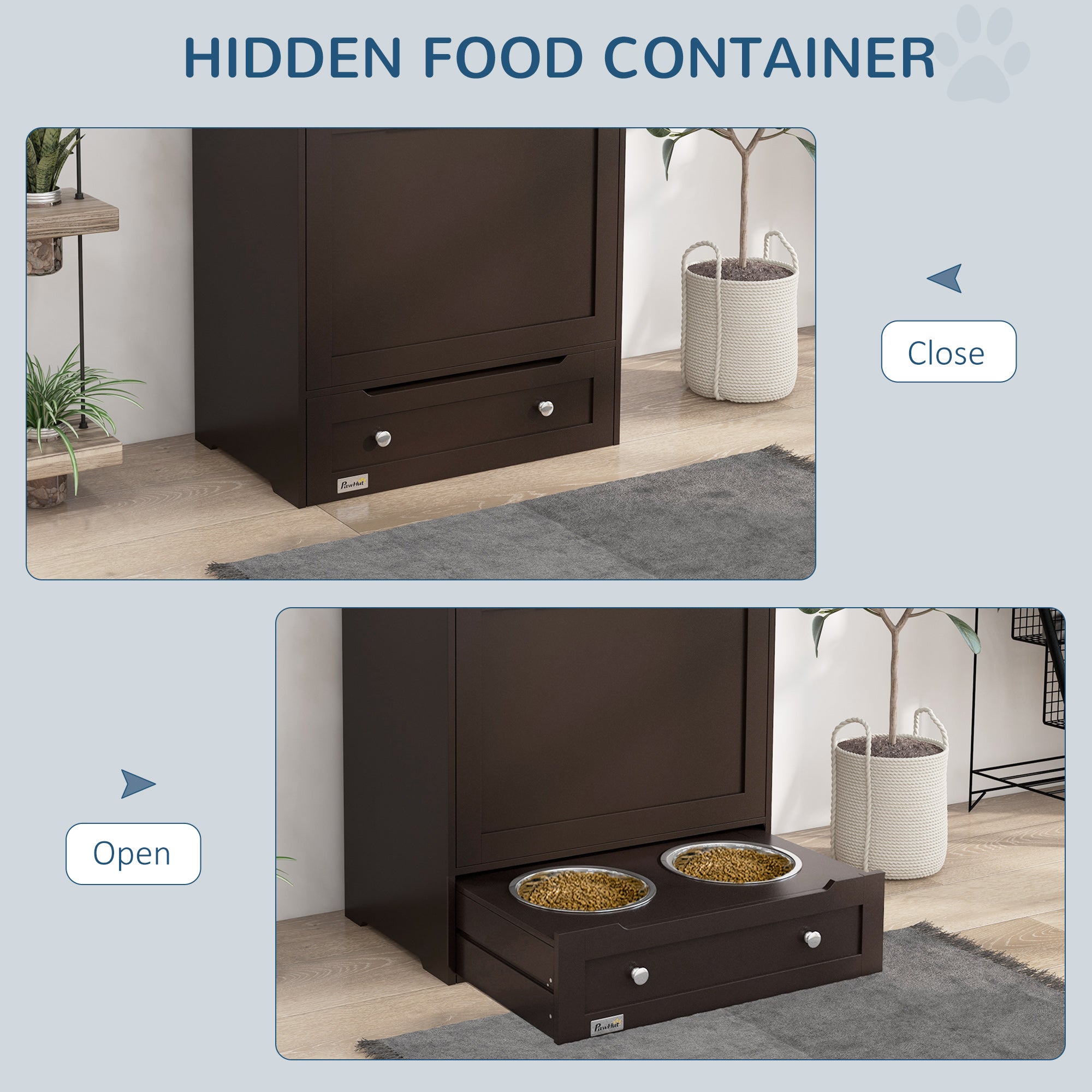 Cat Dog Feeding Station, Dog Food Storage Cabinet, Pet Feeder Container with Raised Bowls and Hanger for Feeding & Watering Supplies, Coffee