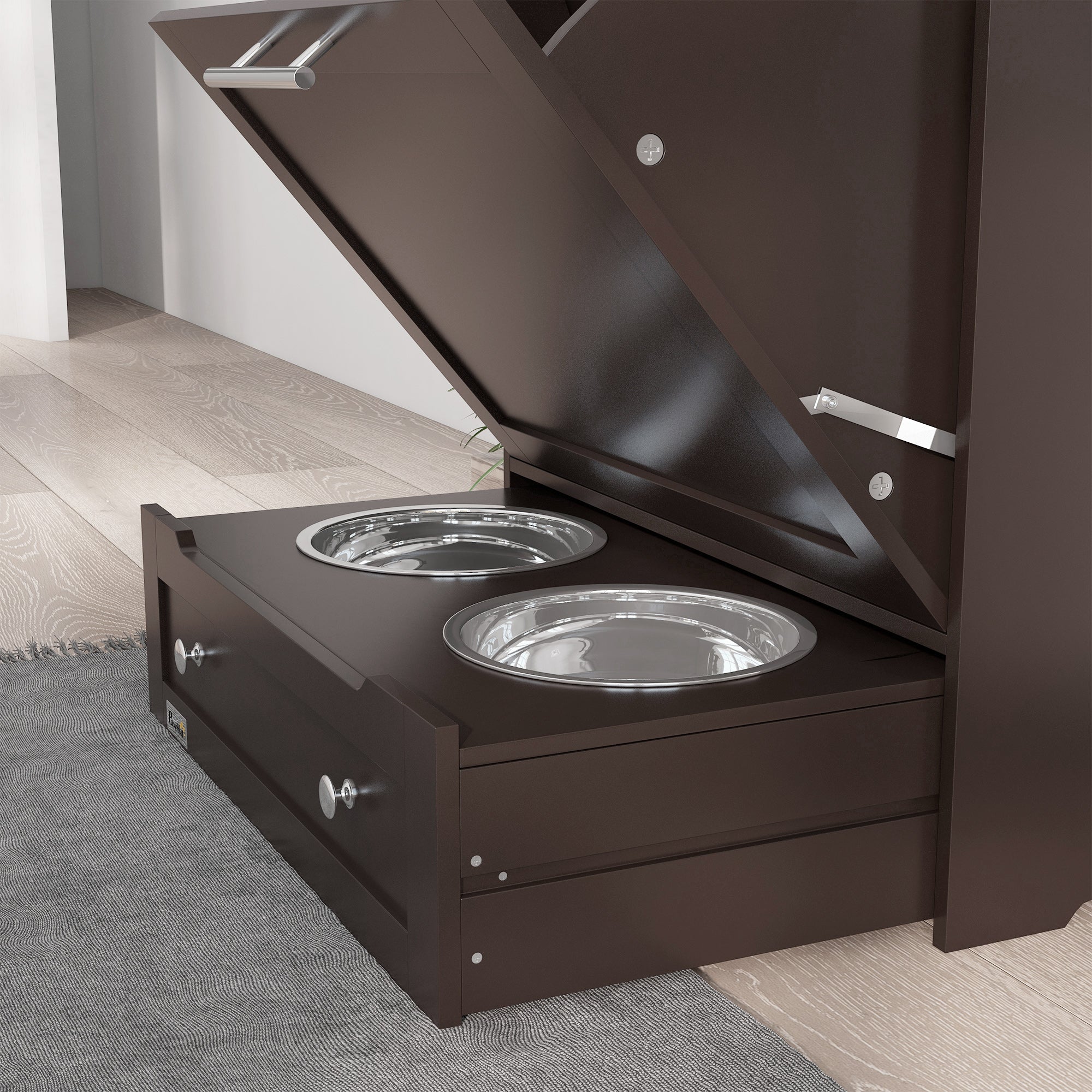 Cat Dog Feeding Station, Dog Food Storage Cabinet, Pet Feeder Container with Raised Bowls and Hanger for Feeding & Watering Supplies, Coffee