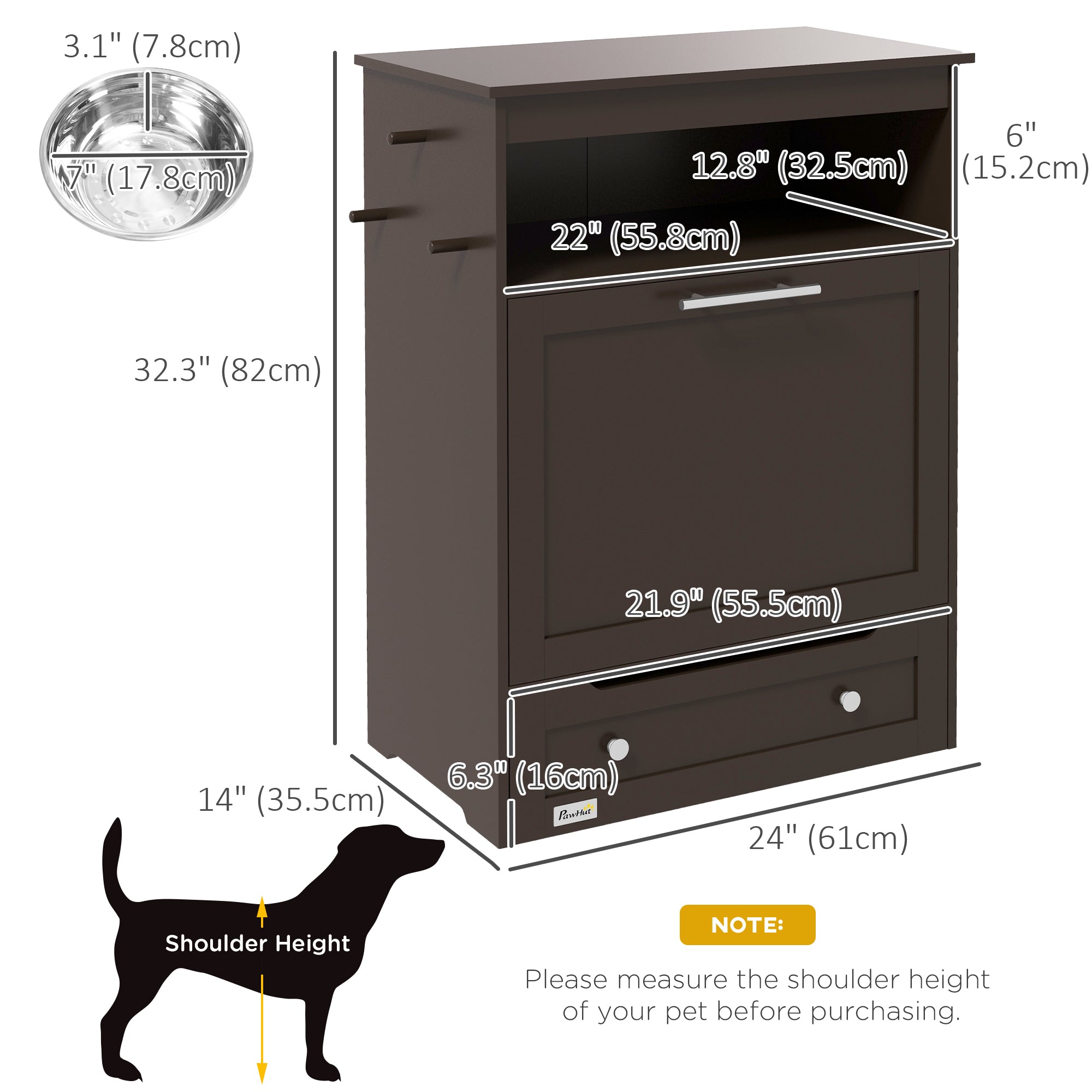 Cat Dog Feeding Station, Dog Food Storage Cabinet, Pet Feeder Container with Raised Bowls and Hanger for Feeding & Watering Supplies, Coffee
