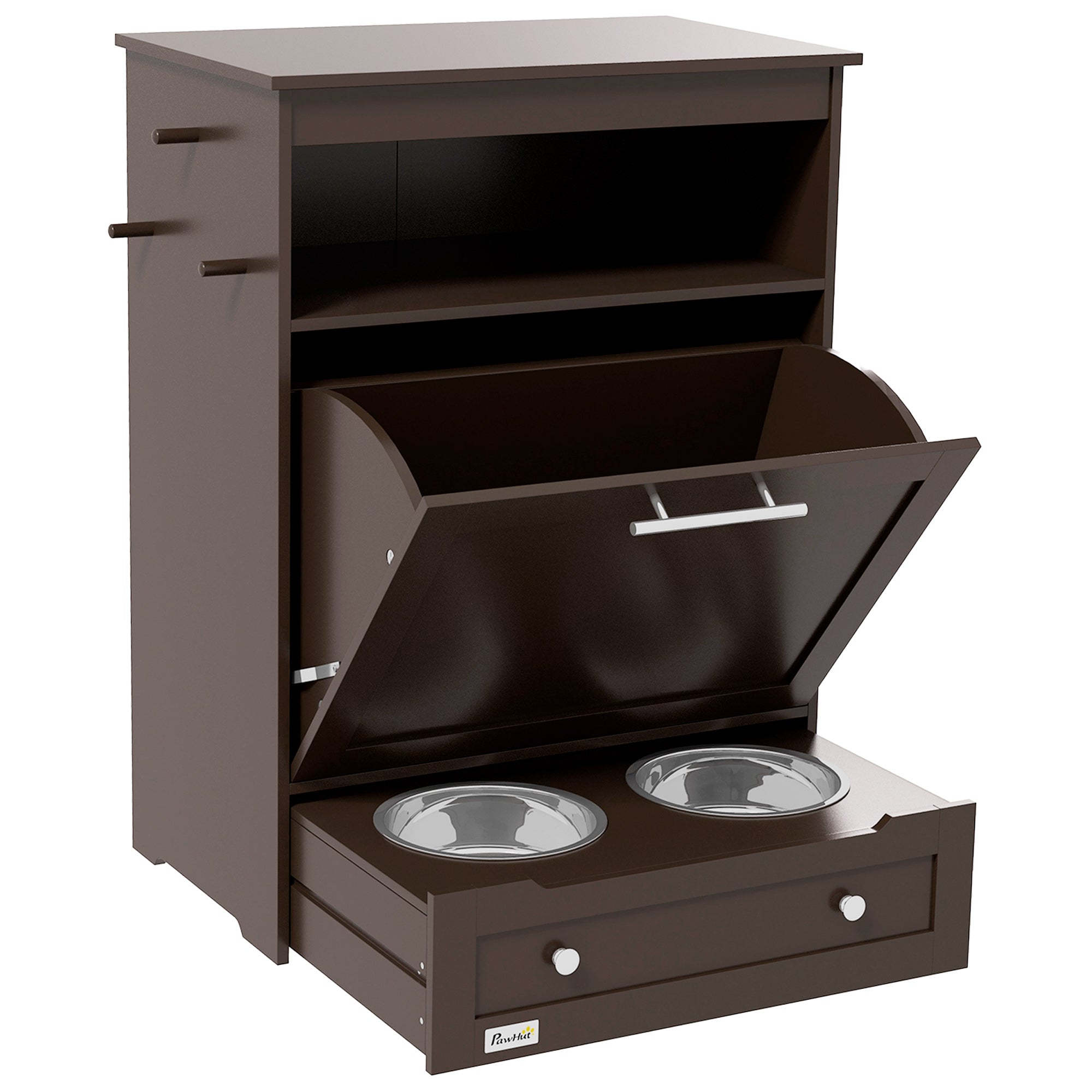 Cat Dog Feeding Station, Dog Food Storage Cabinet, Pet Feeder Container with Raised Bowls and Hanger for Feeding & Watering Supplies, Coffee