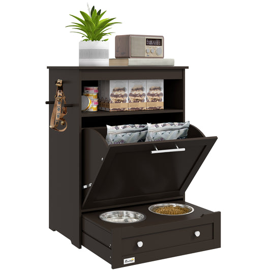 Cat Dog Feeding Station, Dog Food Storage Cabinet, Pet Feeder Container with Raised Bowls and Hanger for Feeding & Watering Supplies, Coffee
