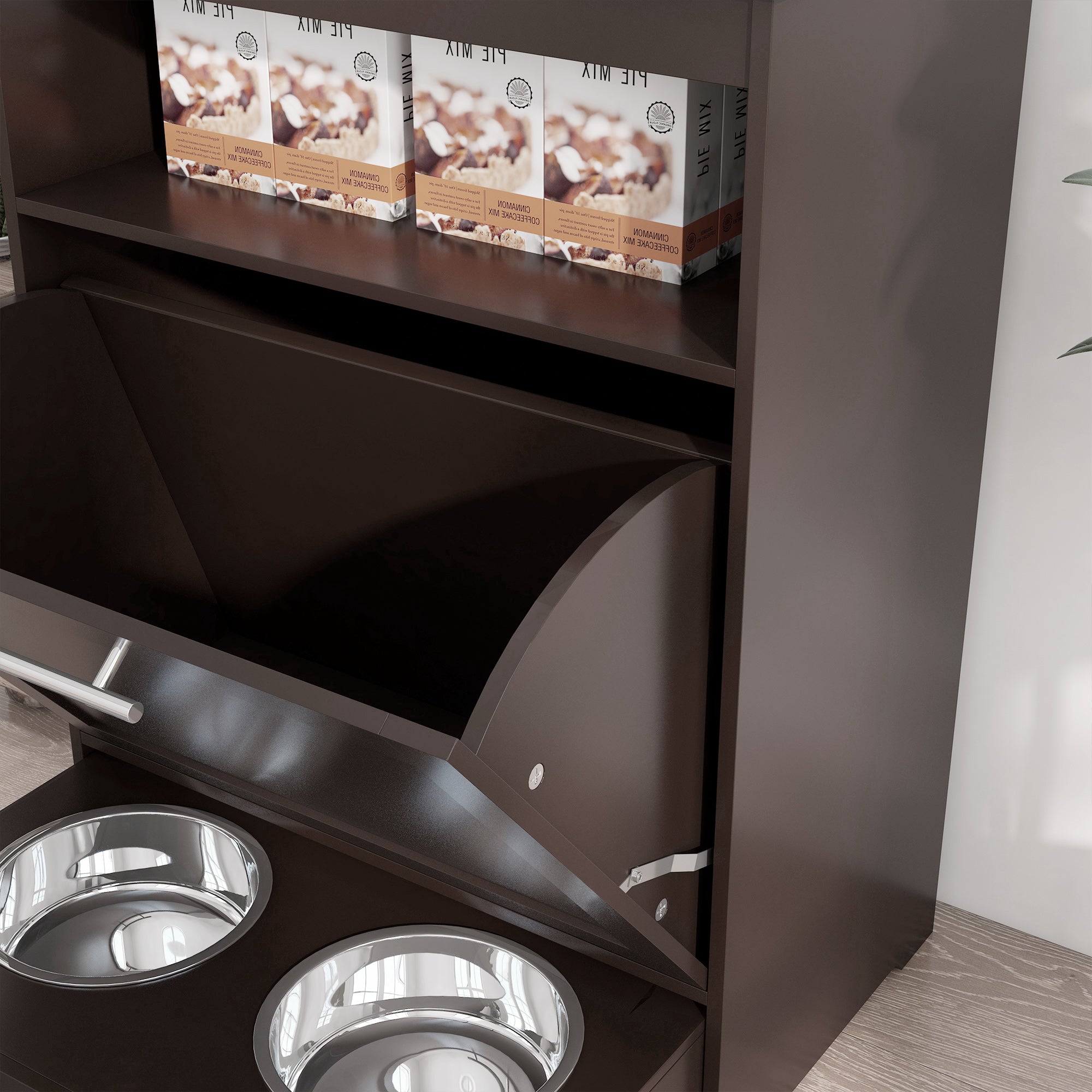 Cat Dog Feeding Station, Dog Food Storage Cabinet, Pet Feeder Container with Raised Bowls and Hanger for Feeding & Watering Supplies, Coffee