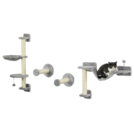 4Pcs Wall Mounted Cat Shelves, with Hammock, Perches, Ladder, Scratching Post, Cat Wall Furniture for Large Cats, Grey