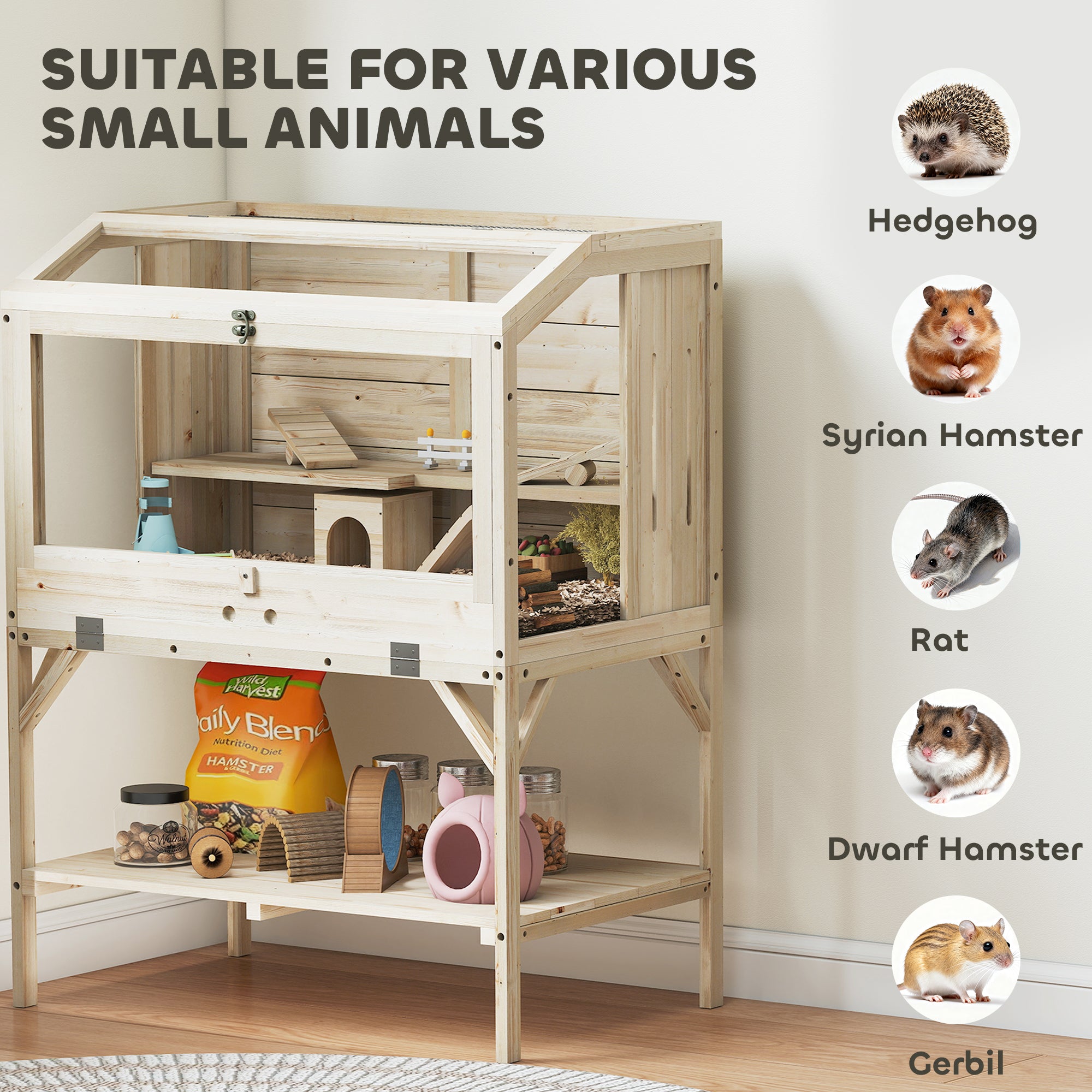 Wooden Hamster Cage, Gerbil Cage with Openable Top, Removable Tray, Seesaws, Water Bottle, Transparent Panels for Syrian, Dwarf Hamsters and Gerbils, 33.1" x 20.9" x 43.3"