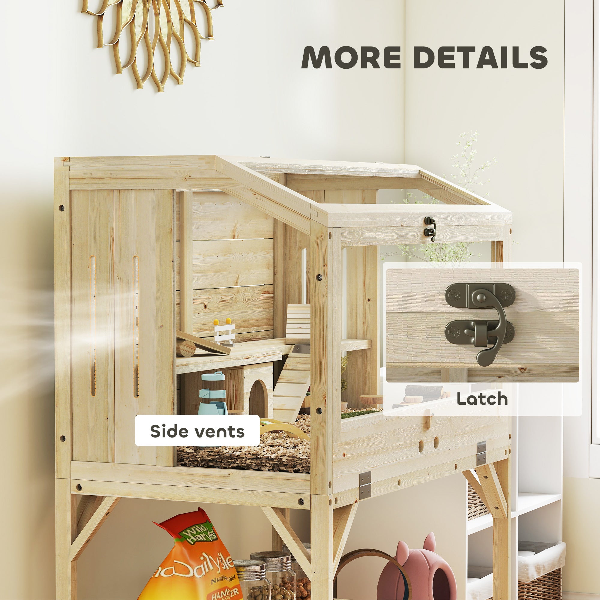 Wooden Hamster Cage, Gerbil Cage with Openable Top, Removable Tray, Seesaws, Water Bottle, Transparent Panels for Syrian, Dwarf Hamsters and Gerbils, 33.1" x 20.9" x 43.3"