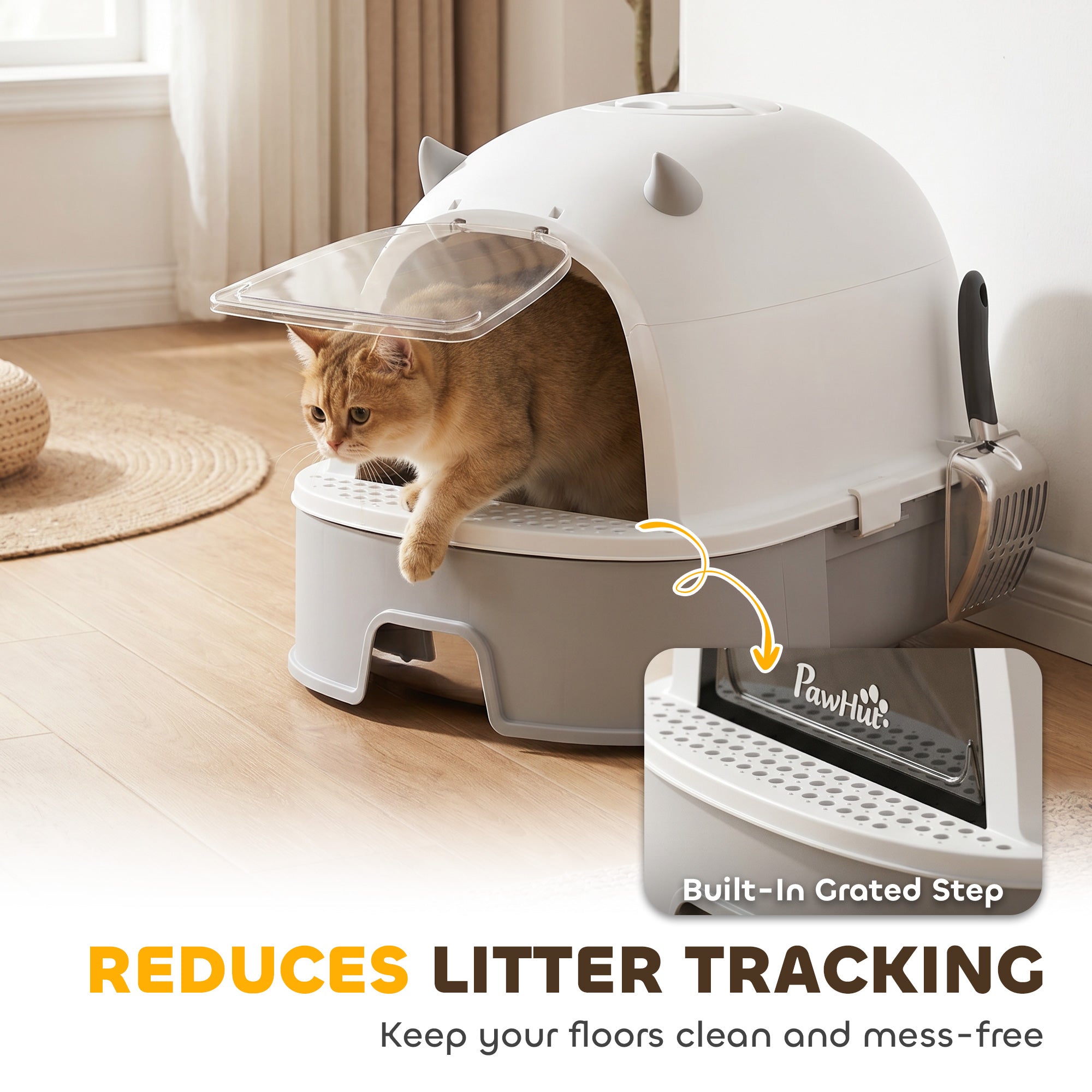 Stainless Steel Cat Litter Box, Large Hooded Kitty Litter Box with Removable Lid, Scoop & Carbon Filters for Medium Cats, Easy to Clean, No Leakage, No Odors, Gray