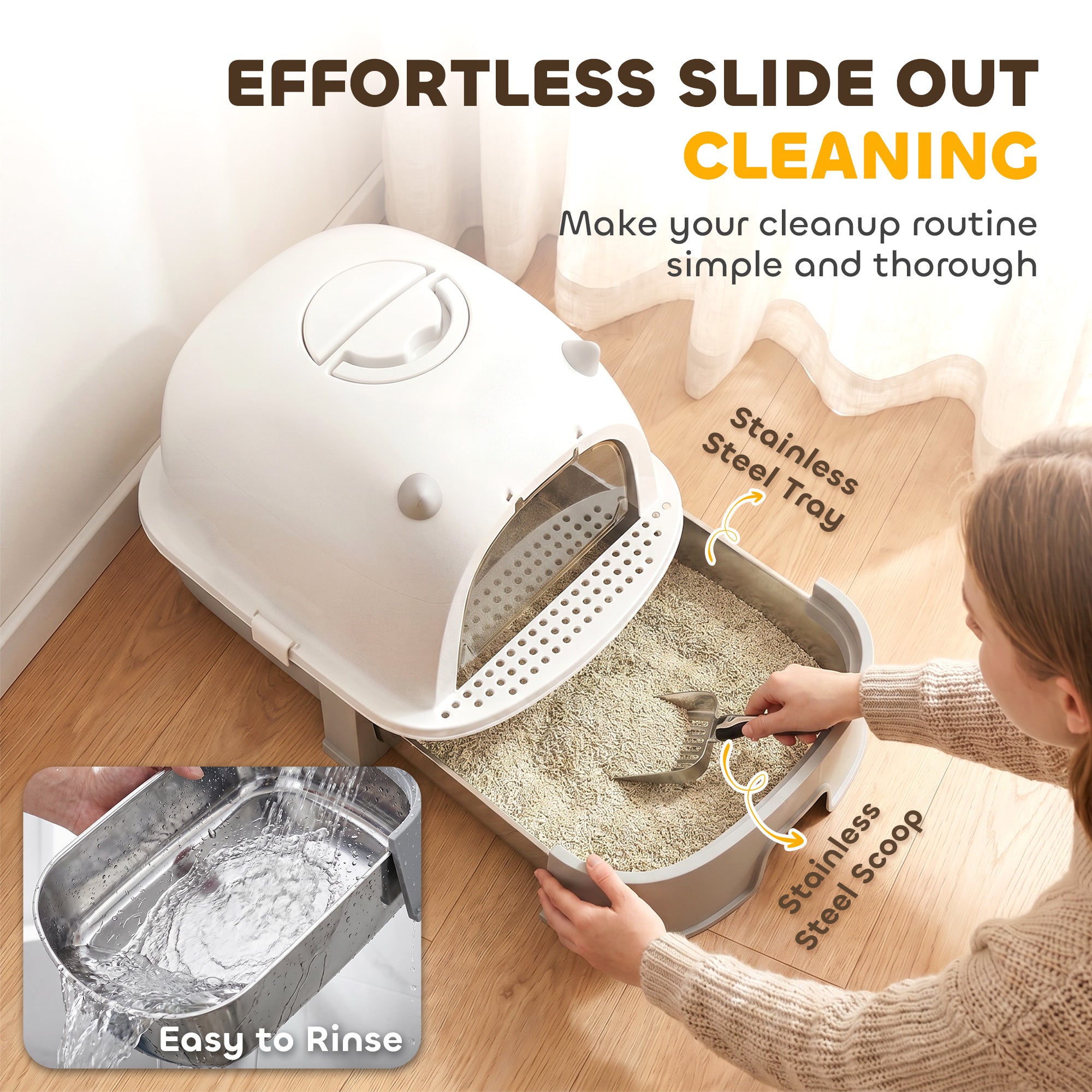 Stainless Steel Cat Litter Box, Large Hooded Kitty Litter Box with Removable Lid, Scoop & Carbon Filters for Medium Cats, Easy to Clean, No Leakage, No Odors, Gray