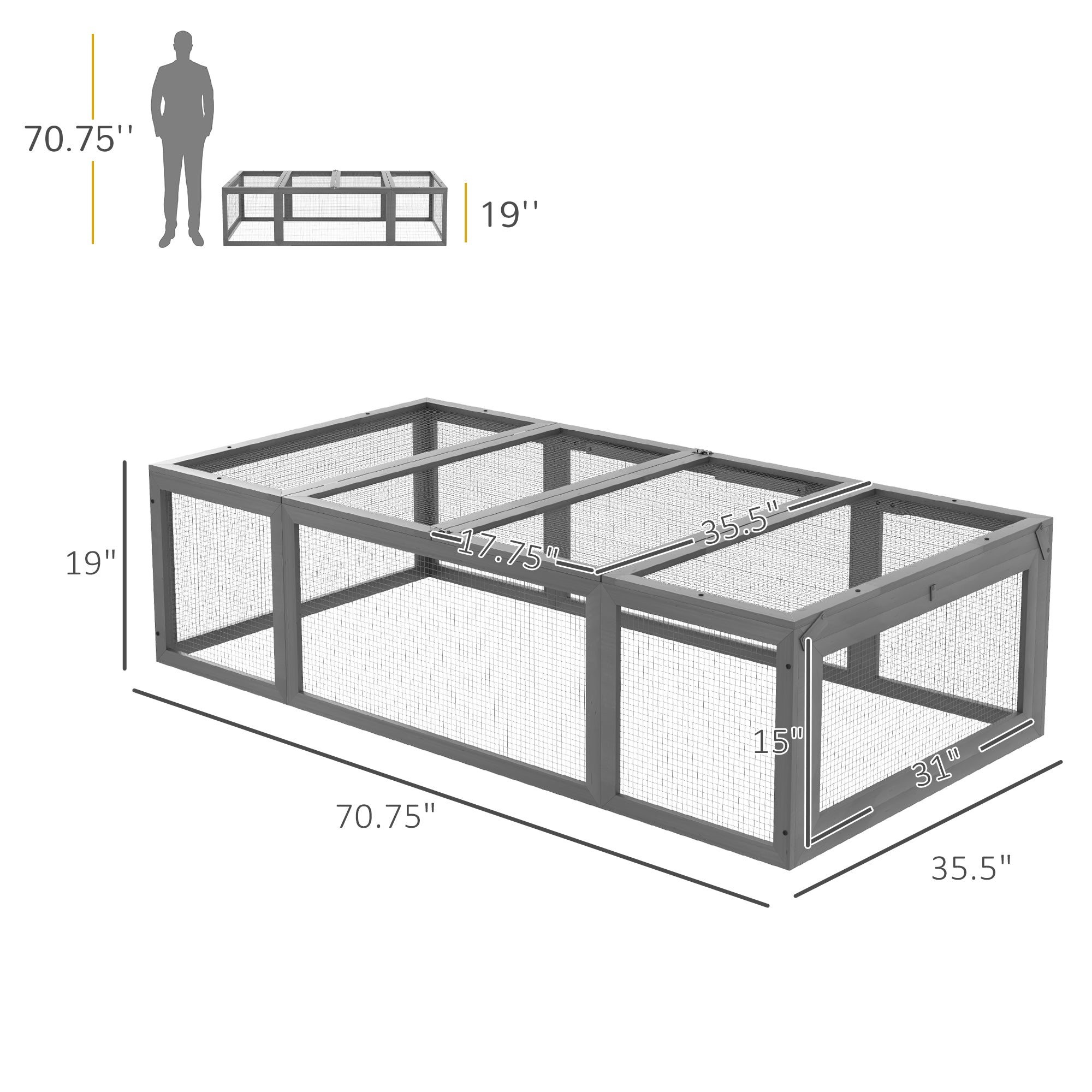 PawHut Large Wooden Rabbit Hutch Bunny Hutch Small Animal Habitat Enclosure Outdoor Run and Lockable Doors, Gray