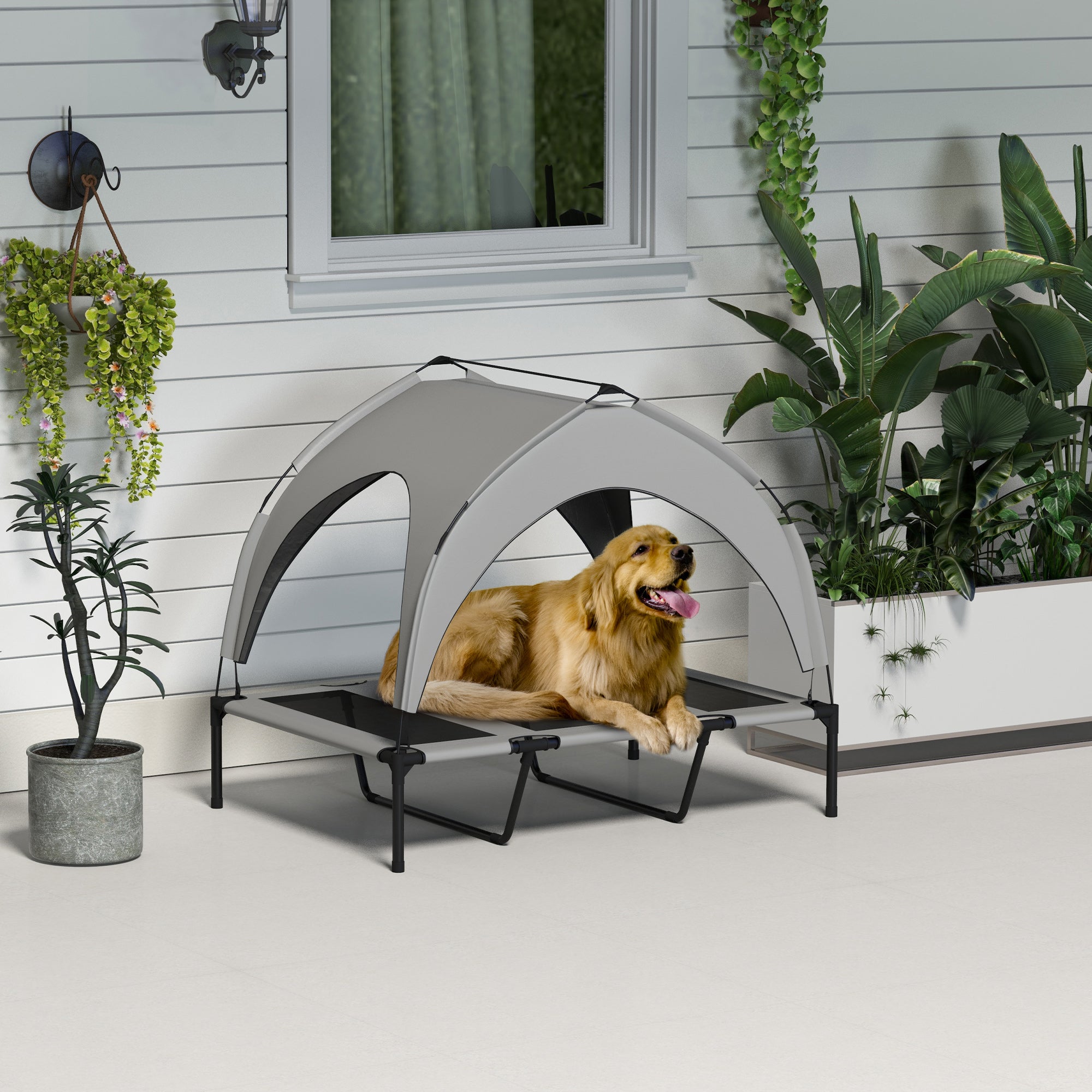 Elevated Dog Bed with Canopy, Cooling Dog Cot Bed for Camping, Portable Raised Pet Cot with Washable Breathable Mesh, for Indoor Outdoor, Large Dogs, 42" x 30" x 37", Grey