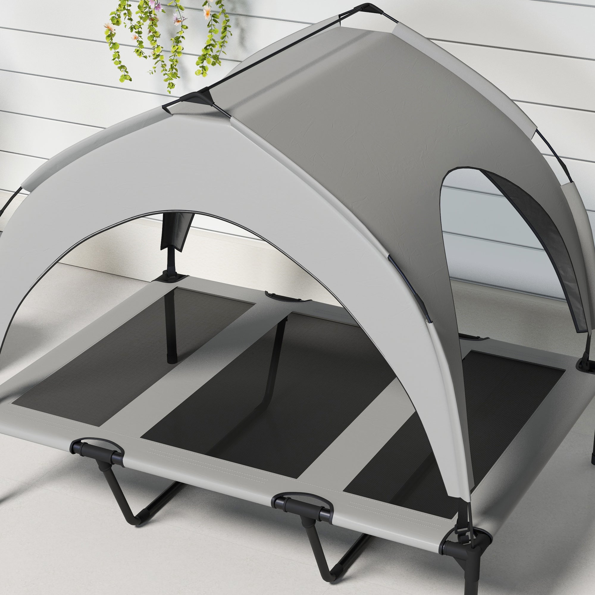 Elevated Dog Bed with Canopy, Cooling Dog Cot Bed for Camping, Portable Raised Pet Cot with Washable Breathable Mesh, for Indoor Outdoor, Large Dogs, 42" x 30" x 37", Grey